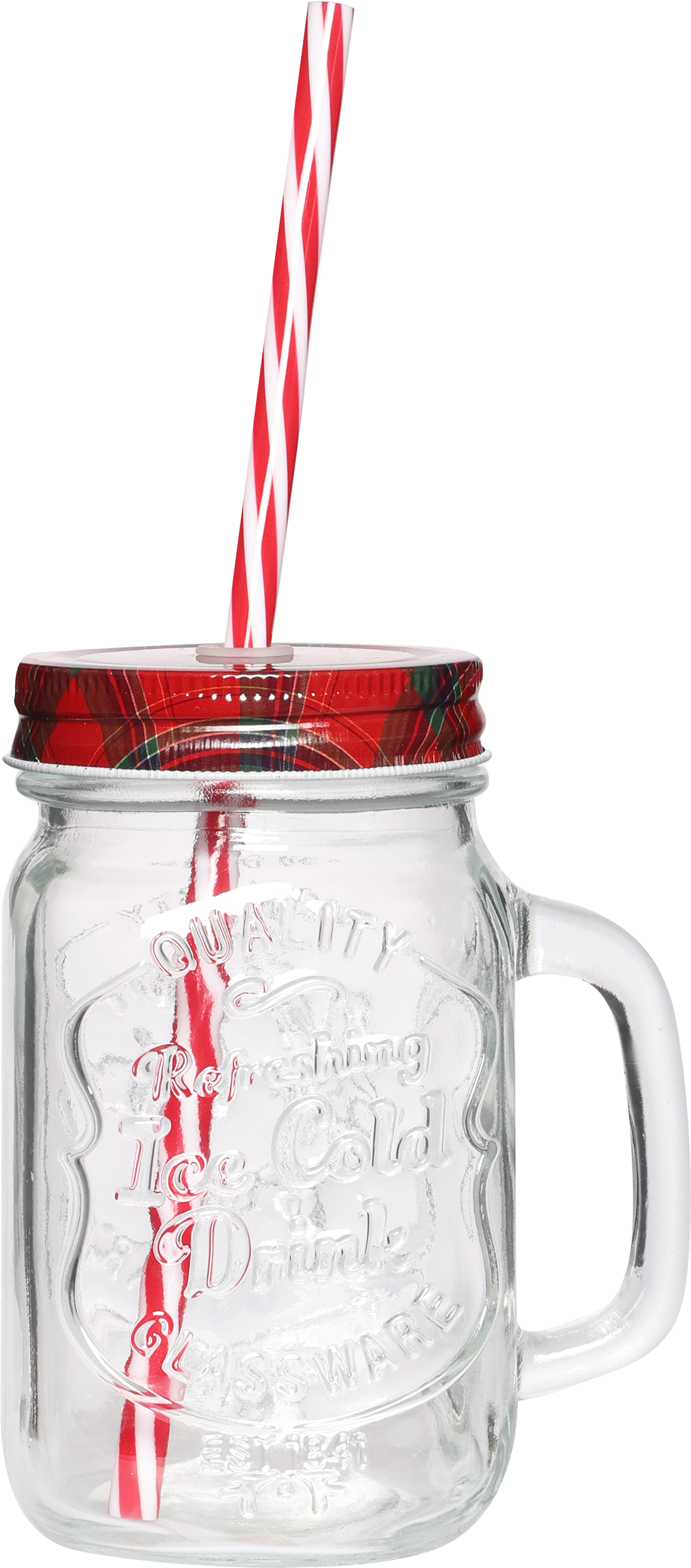 Изображение товара Банка HOMECLUB Joy с ручкой и трубочкой, стекло, 500мл, дизайн в клетку