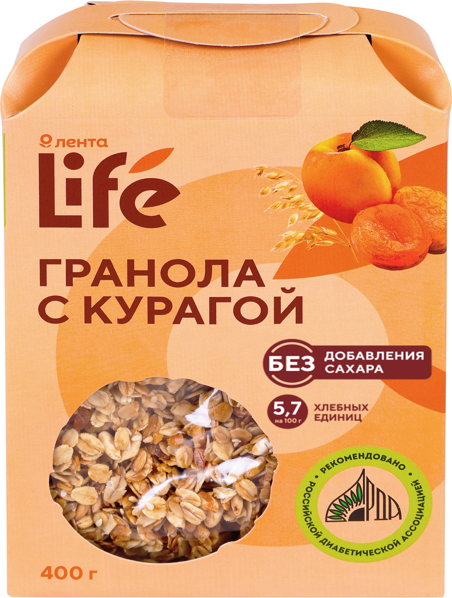 Изображение товара Гранола ЛЕНТА LIFE с курагой без сахара 400г натуральный завтрак