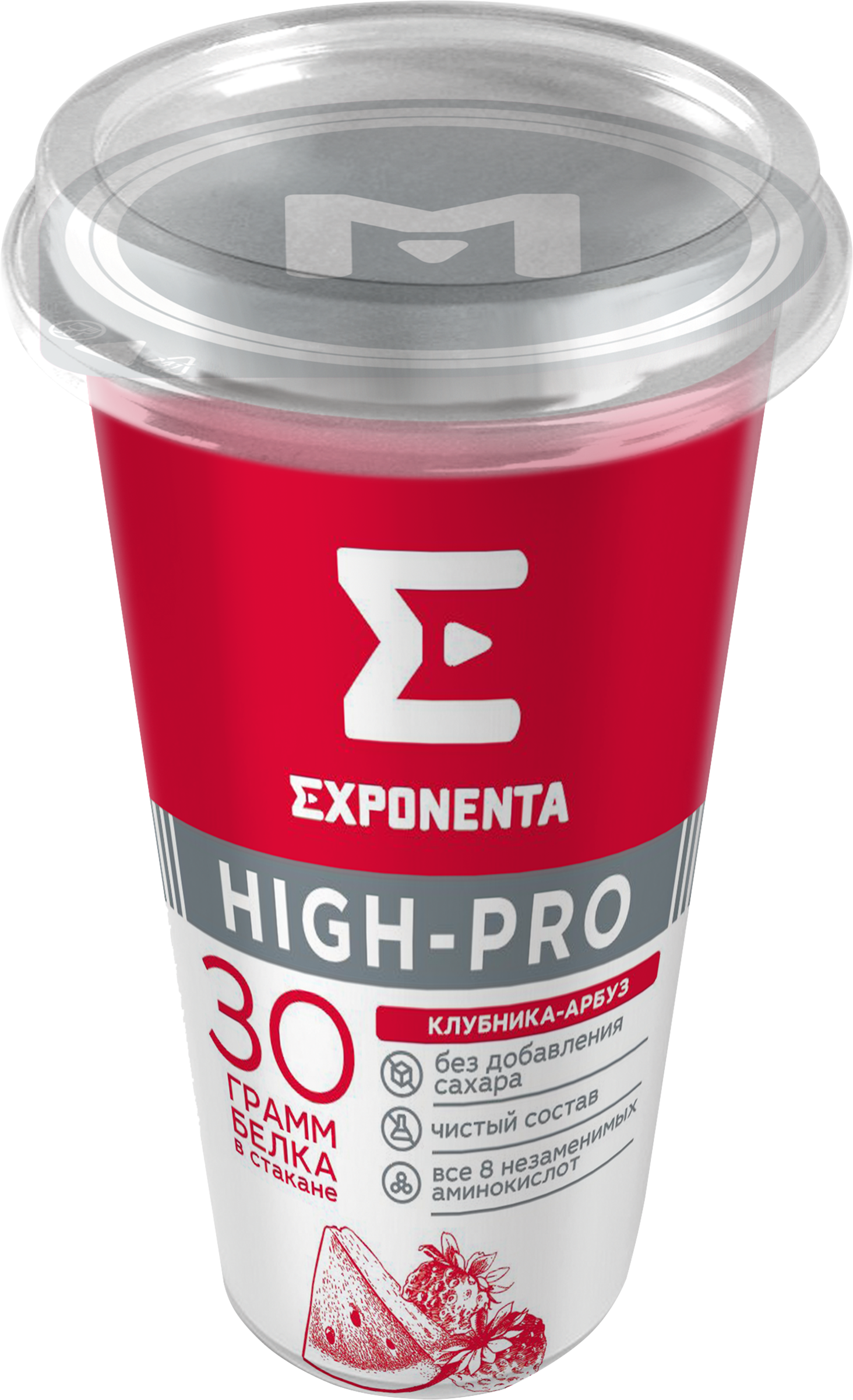 Изображение товара Напиток кисломолочный EXPONENTA High-pro Клубника, арбуз обезжиренный с высоким содержанием белка, без змж, 250г