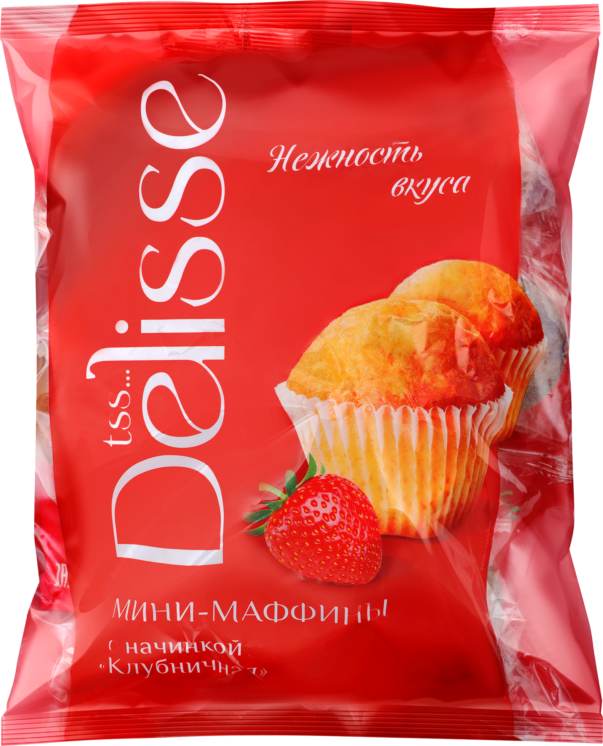 Изображение товара Маффины DELISSE Клубничные, 450г - воздушное бисквитное тесто с клубничной начинкой