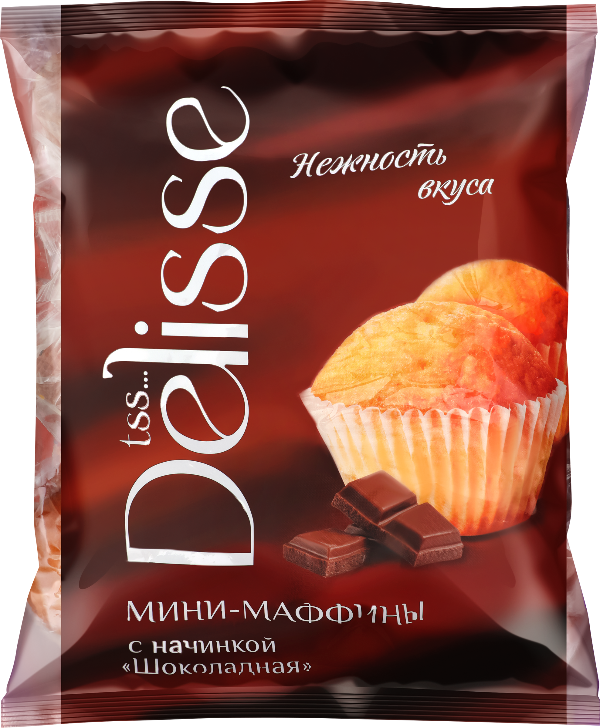 Изображение товара Маффины DELISSE Шоколадные, 450г - мягкие бисквитные кексы с насыщенным шоколадным вкусом