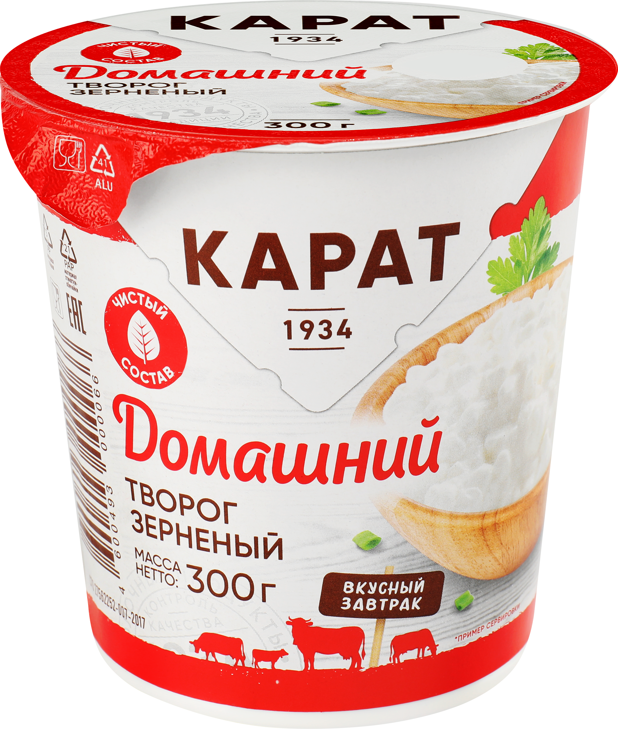 Изображение товара Творог зерненый КАРАТ Домашний 4%, без змж, 300г
