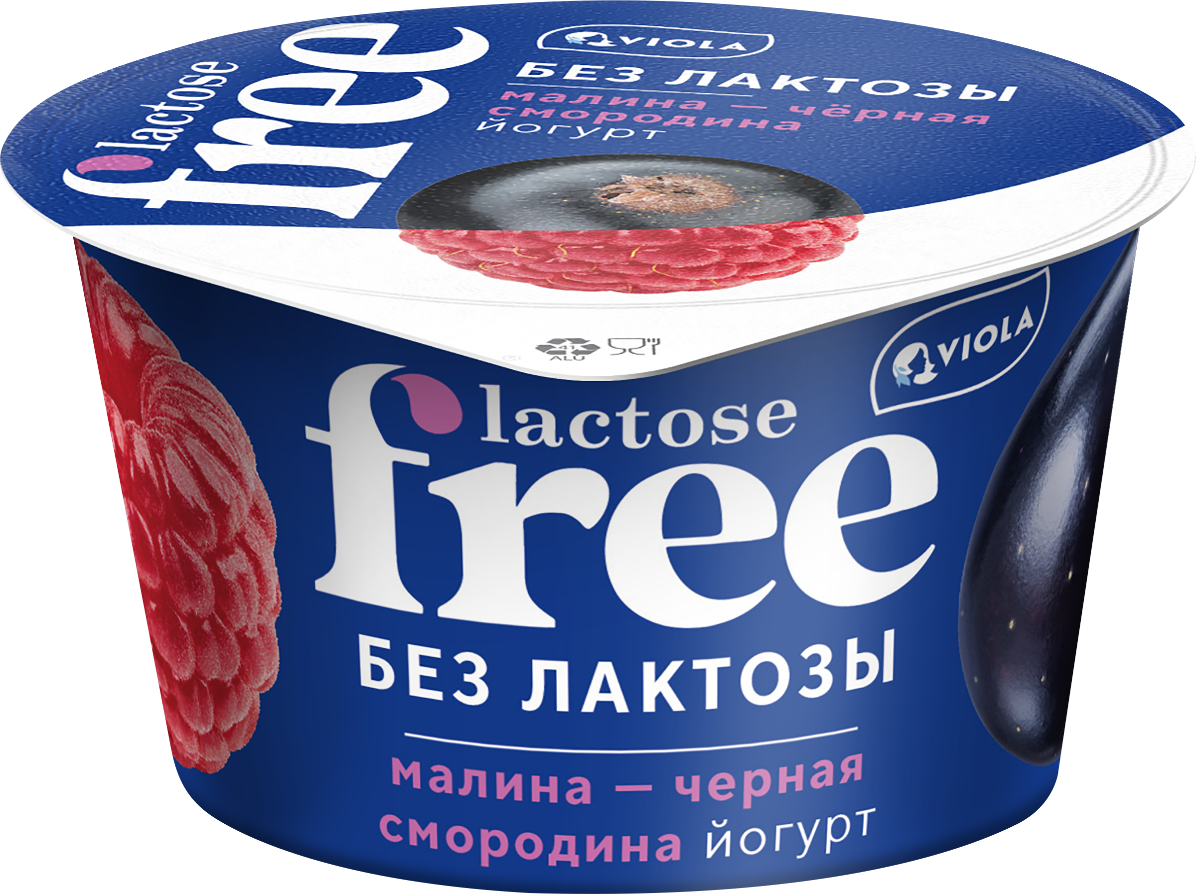 Изображение товара Йогурт VIOLA FREE безлактозный с наполнителем Малина, черная смородина 2,7%, без змж, 180г
