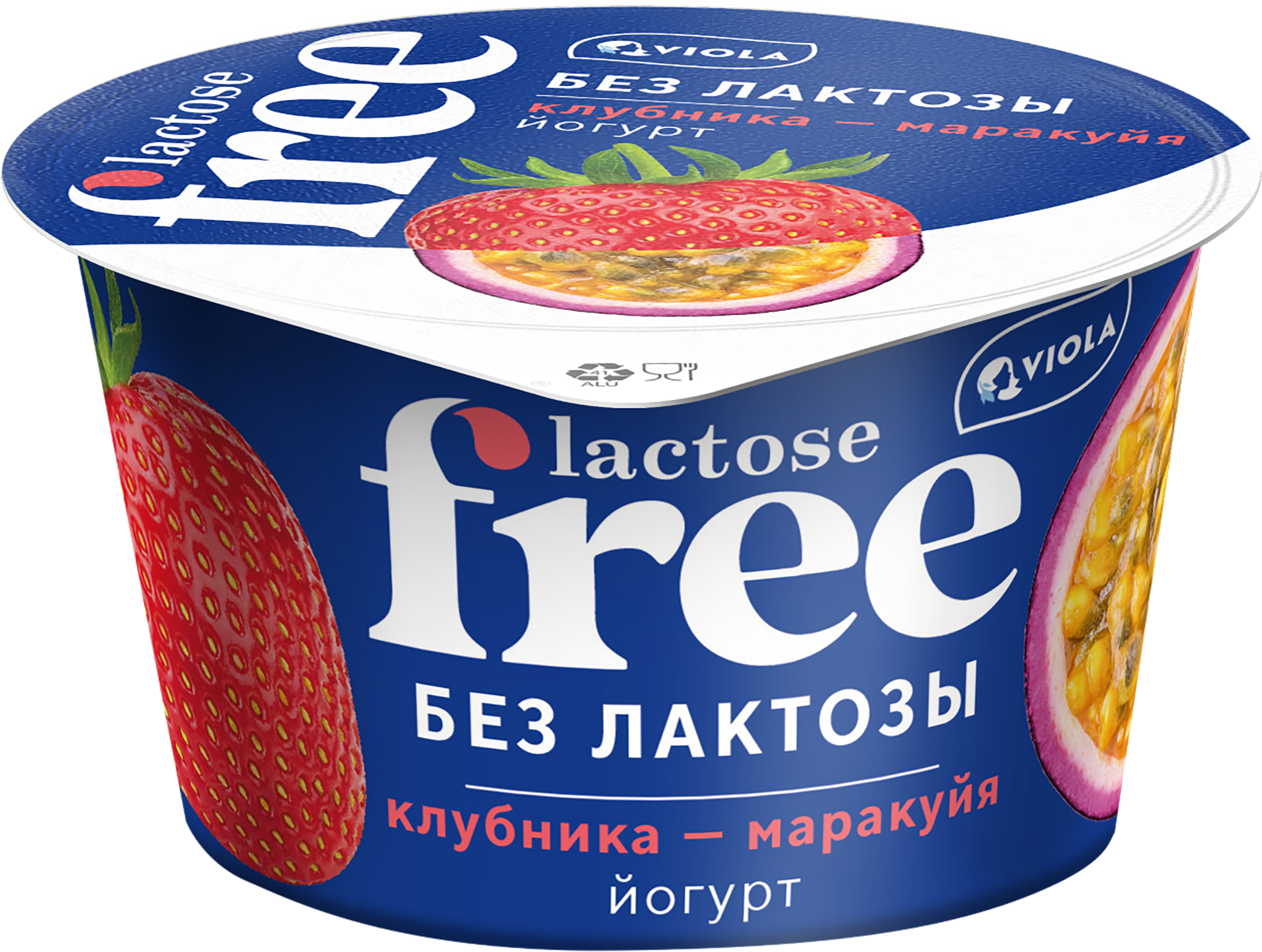 Изображение товара Йогурт VIOLA FREE безлактозный с наполнителем Клубника, маракуйя 2,7%, без змж, 180г