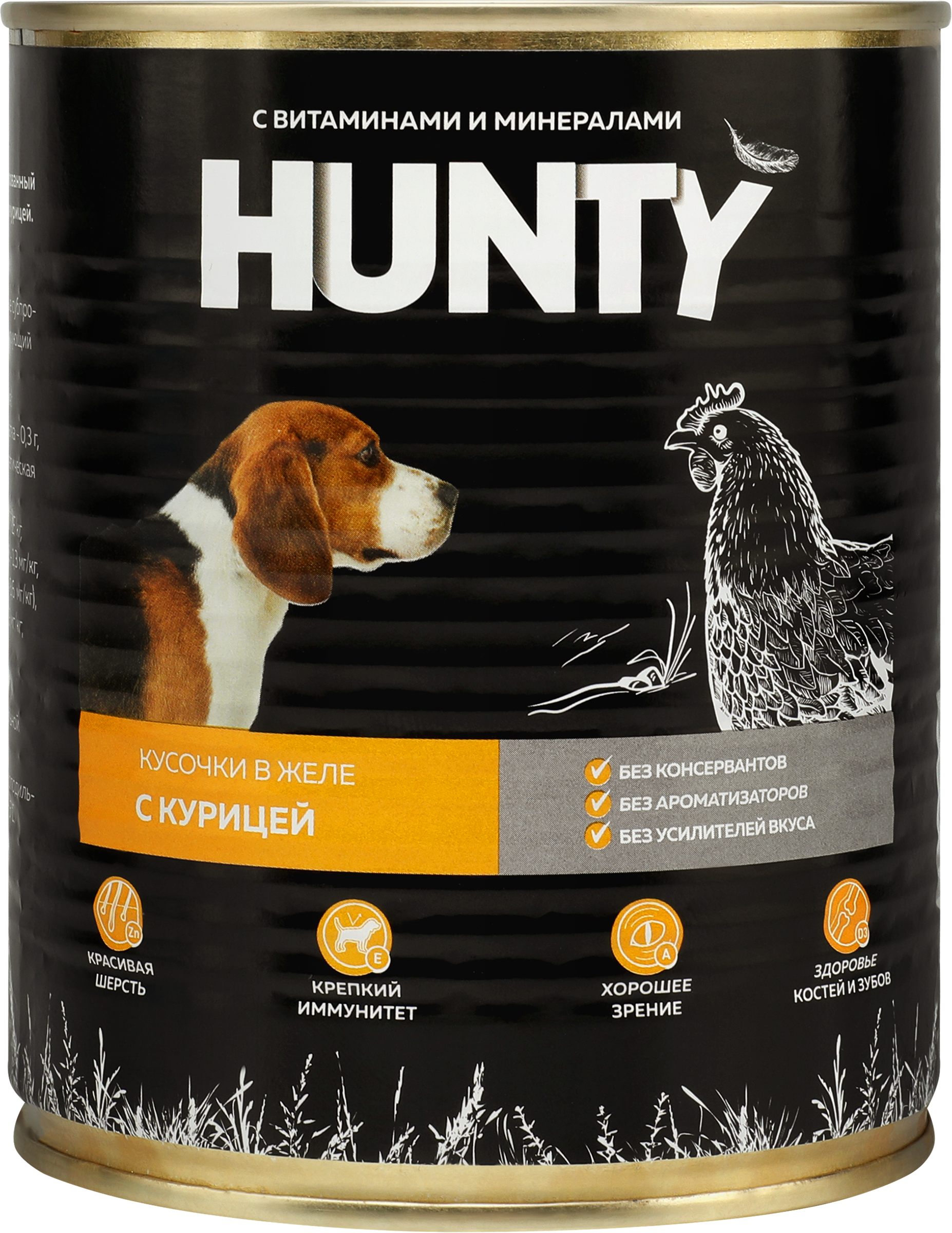 Изображение товара Корм консервированный для собак HUNTY Сочные кусочки в желе с курицей, 850г