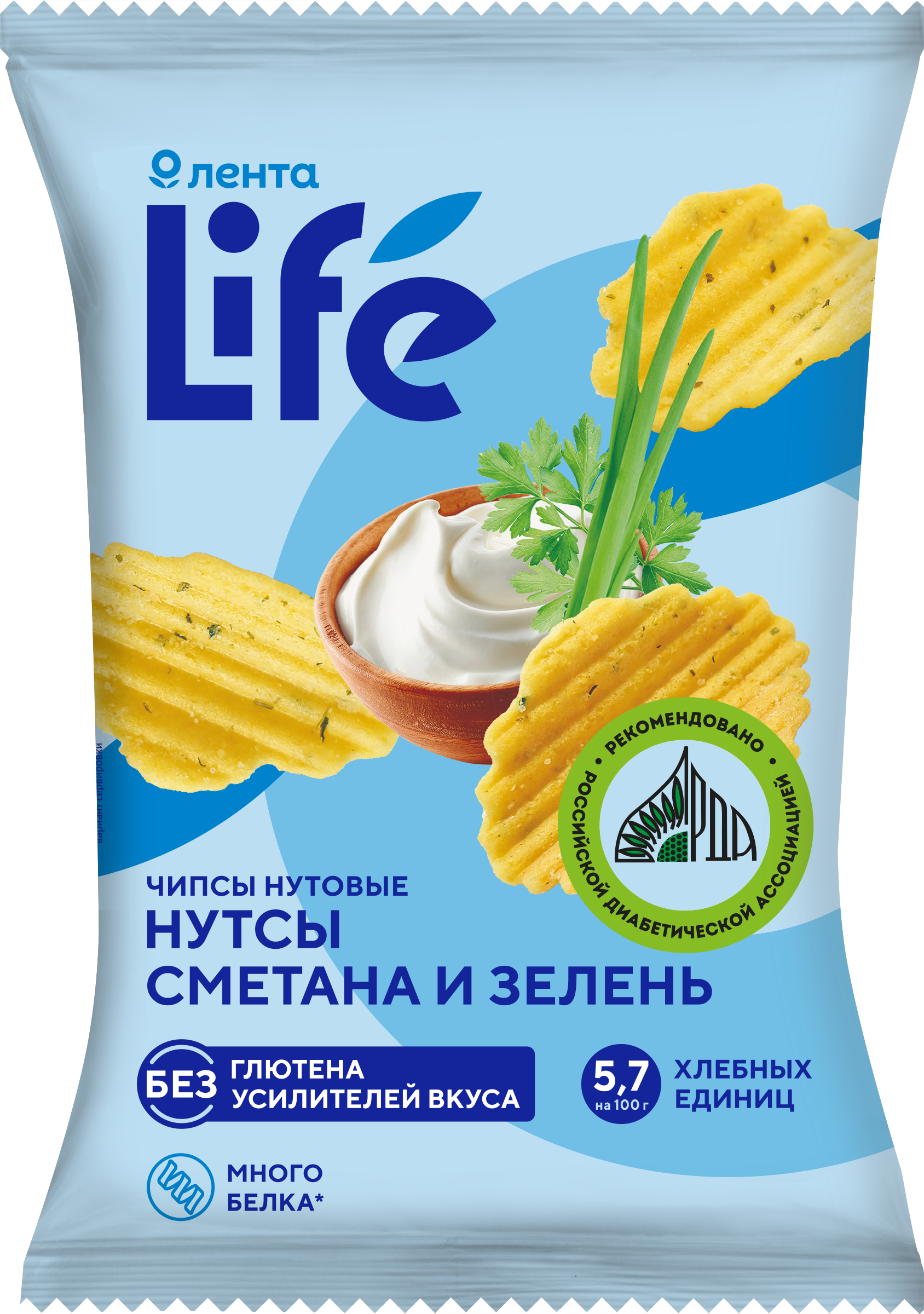 Изображение товара Чипсы нутовые ЛЕНТА LIFE Сметана и зелень, 50г - натуральная закуска