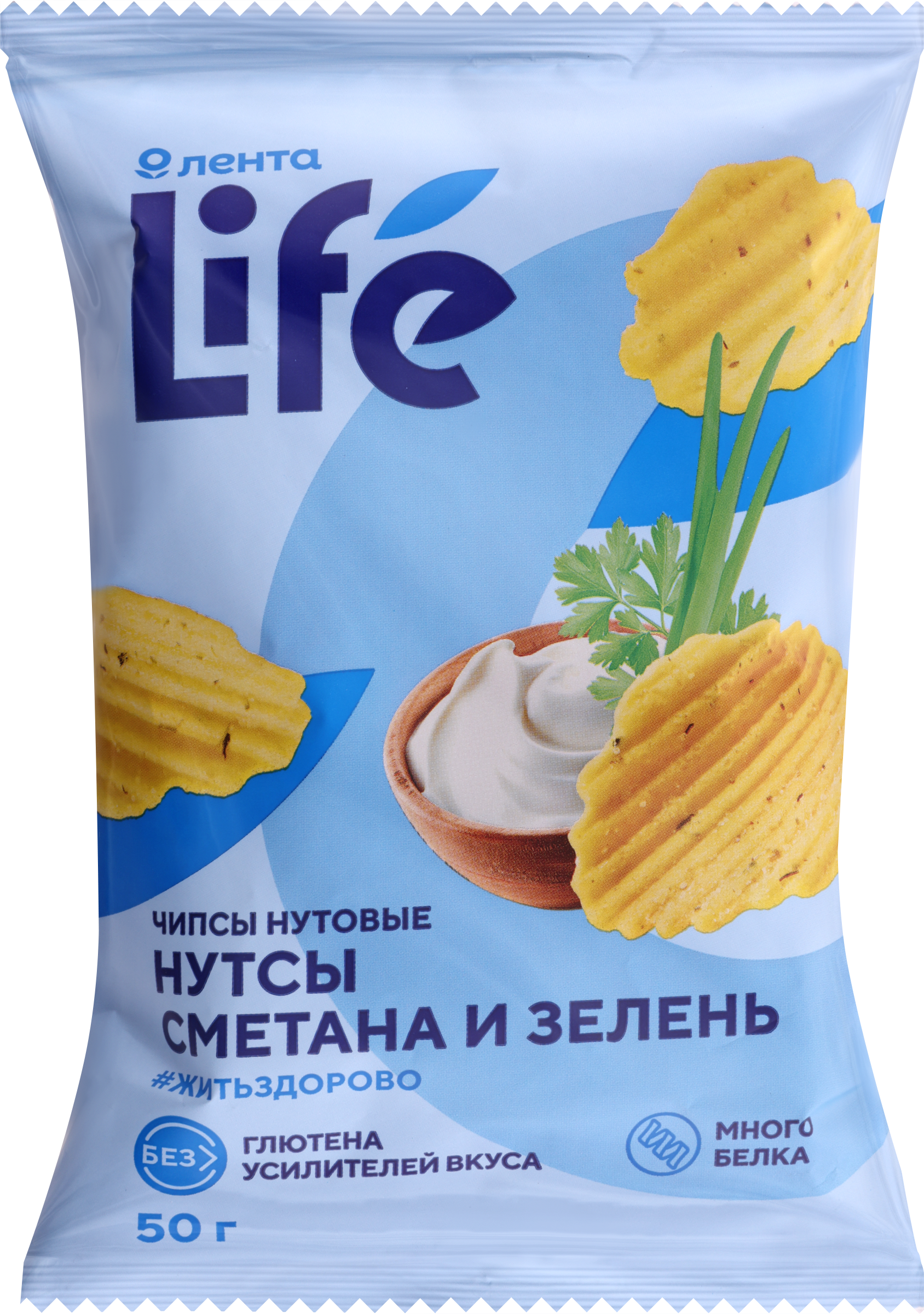 Изображение товара Чипсы нутовые ЛЕНТА LIFE Сметана и зелень, 50г