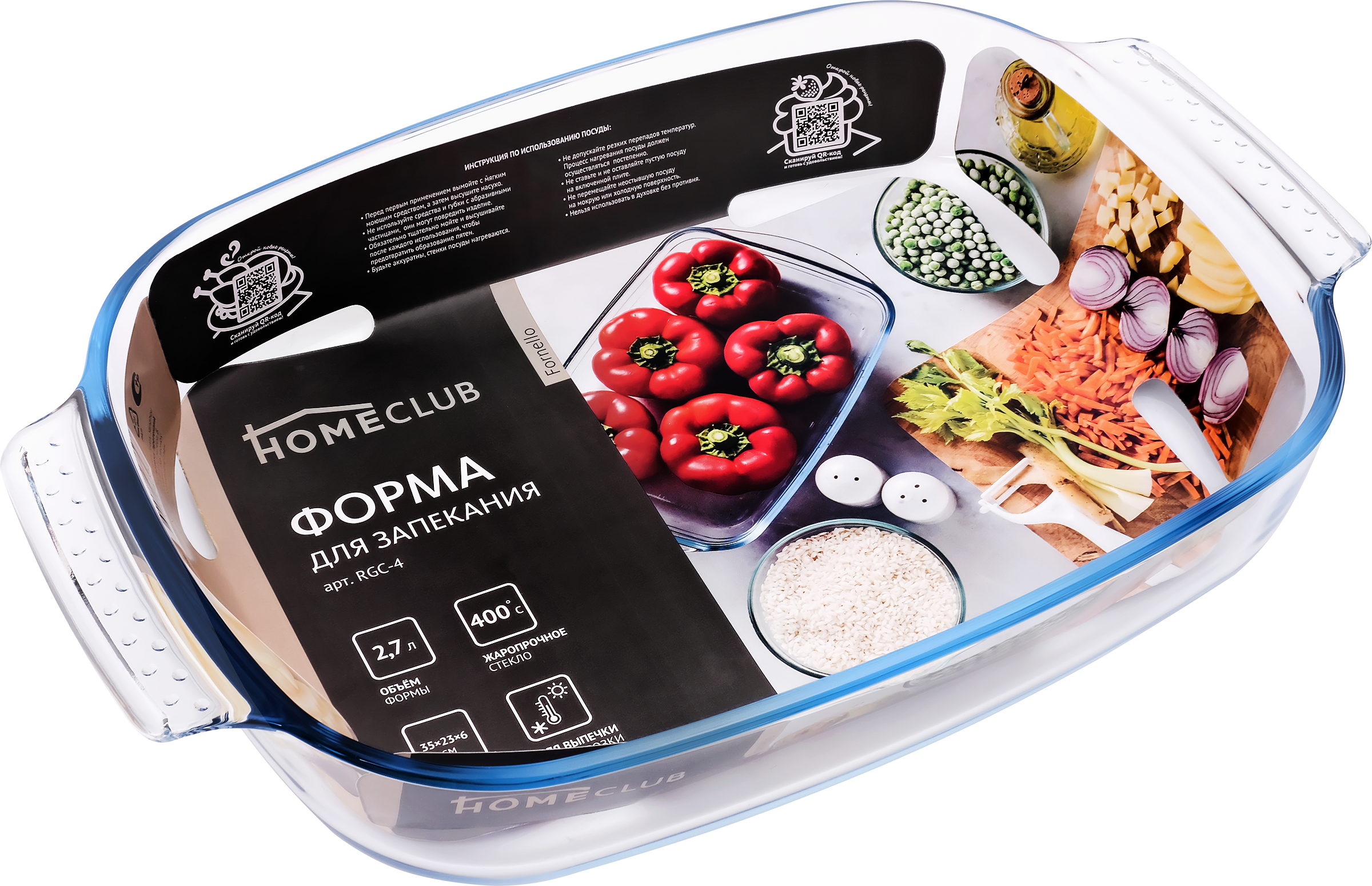Изображение товара Форма для запекания HOMECLUB Fornello 35x23х6см, прямоугольная, жаропрочное стекло, Арт. RGC-4 2,7л