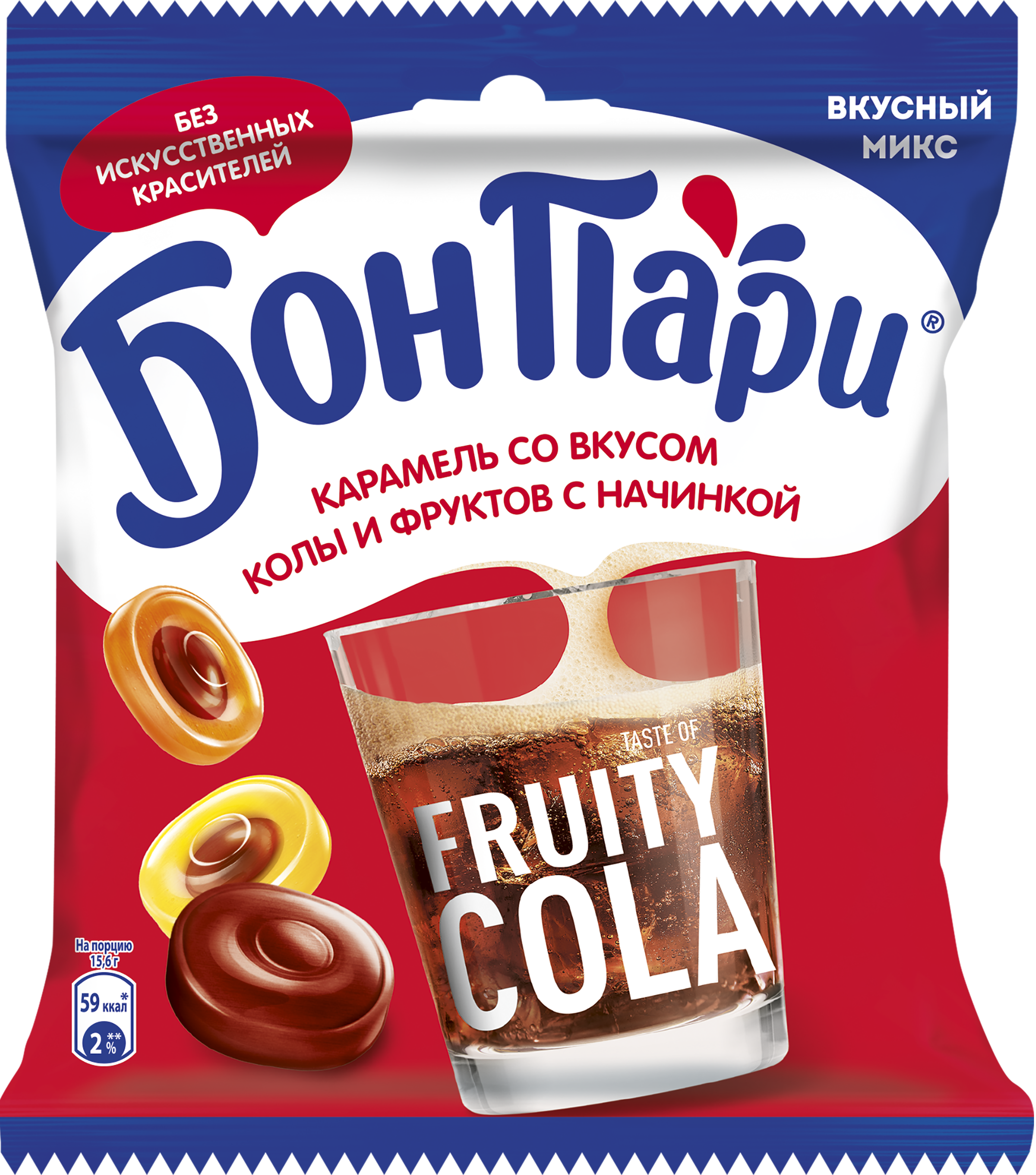 Изображение товара Леденцы БОН ПАРИ с начинкой со вкусом колы и фруктов, 200г