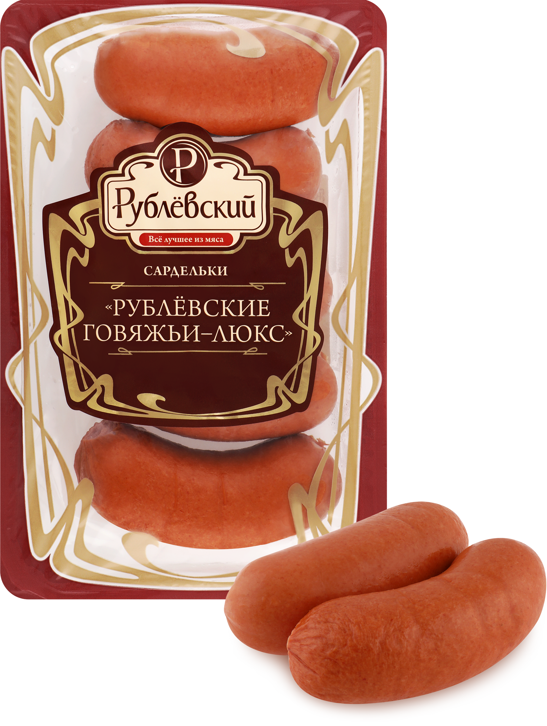 Изображение товара Говяжьие сардельки РУБЛЁВСКИЙ Люкс 400 г - вареный полуфабрикат для вкусных блюд