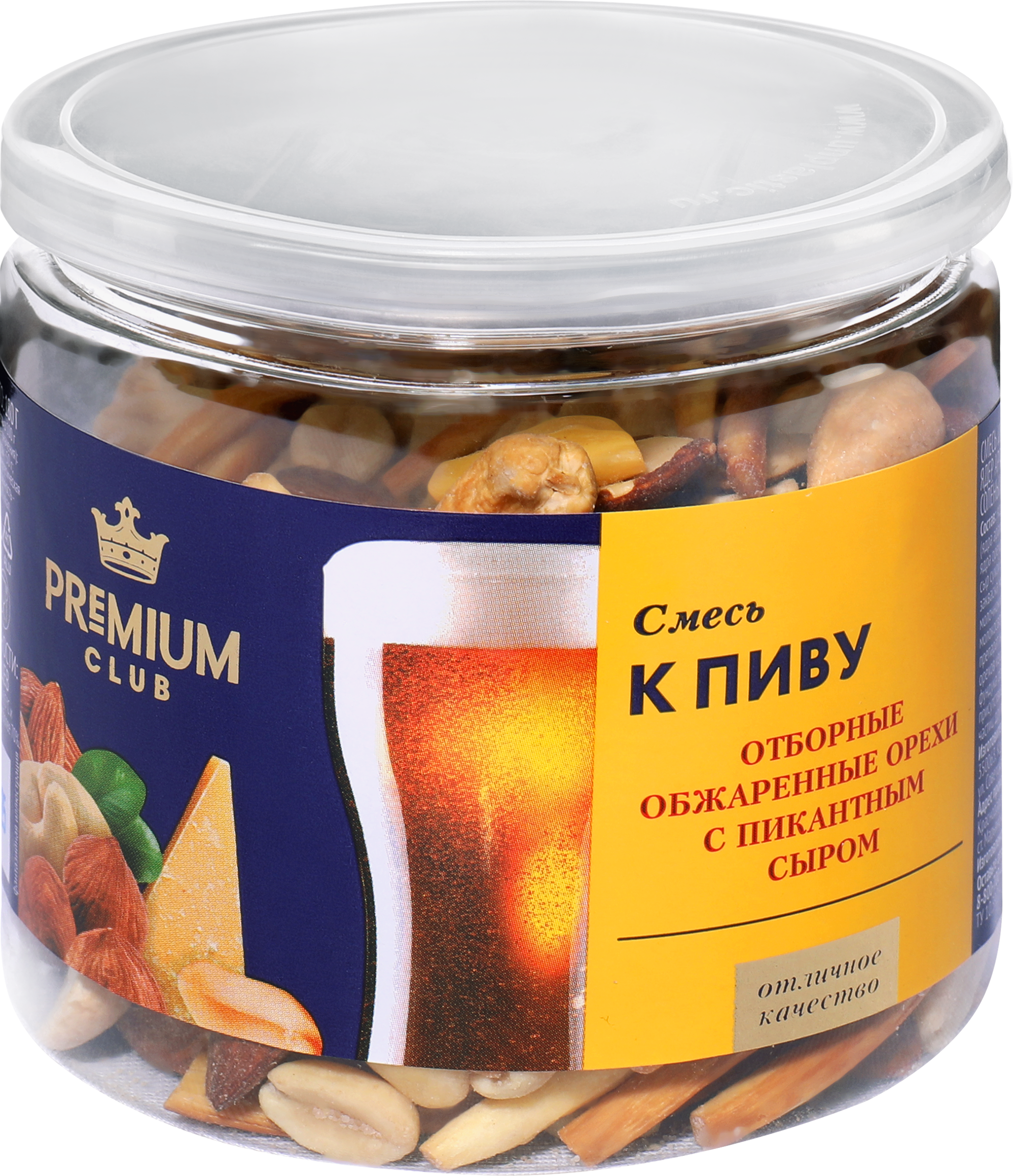 Изображение товара Смесь PREMIUM CLUB К пиву, миндаль, ядра арахиса обжаренные соленые и сухой сыр, 180г