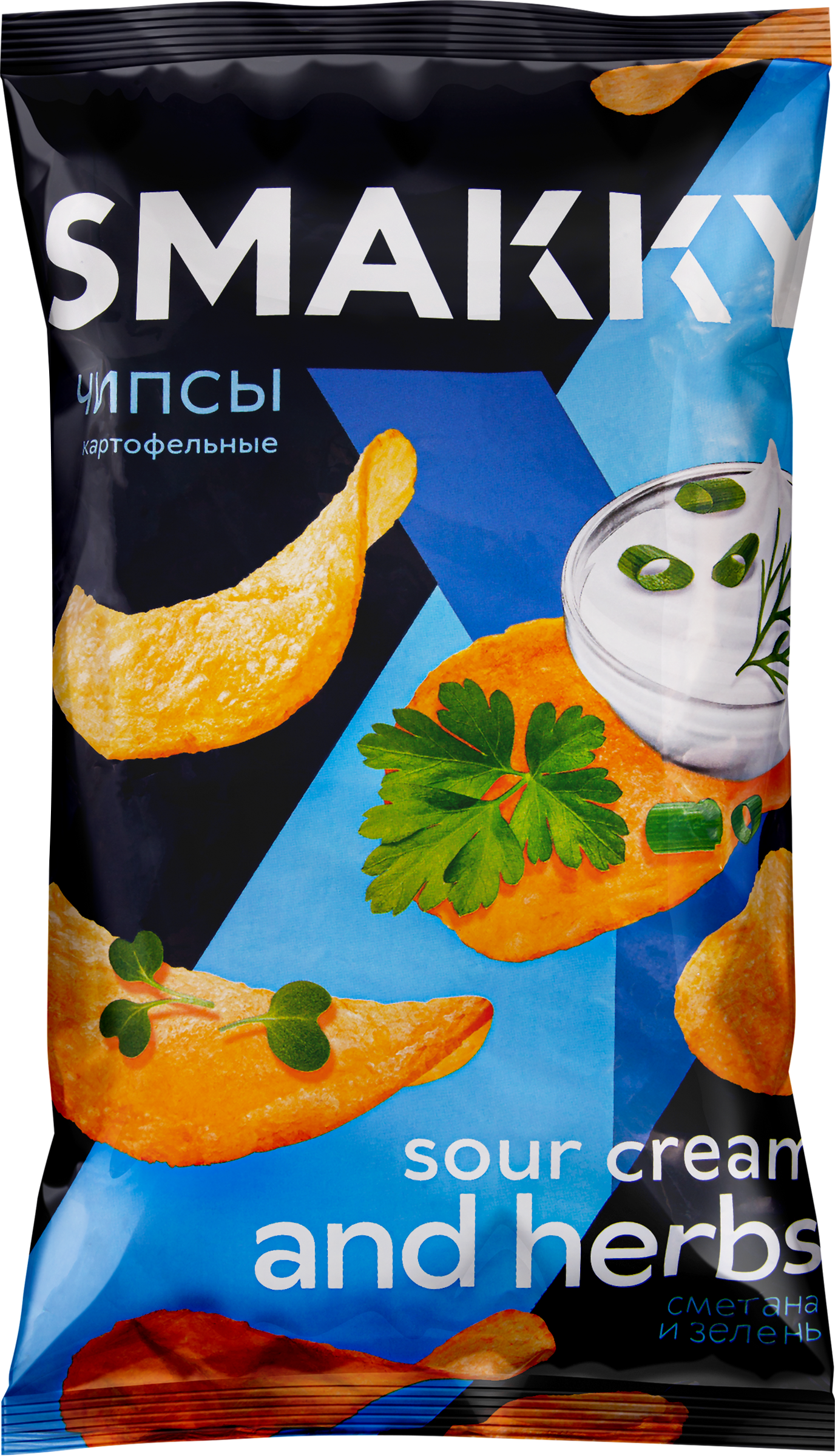 Изображение товара Чипсы картофельные SMAKKY со вкусом сметана и зелень, 180г