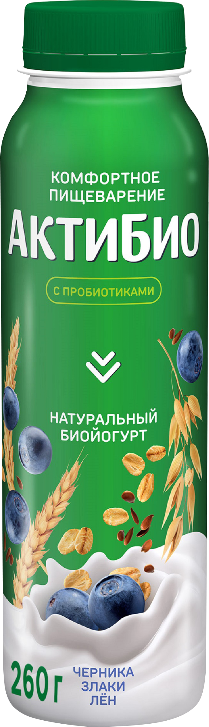 Изображение товара Биойогурт питьевой АКТИБИО Черника, 5 злаков 1,6%, без змж, 260г