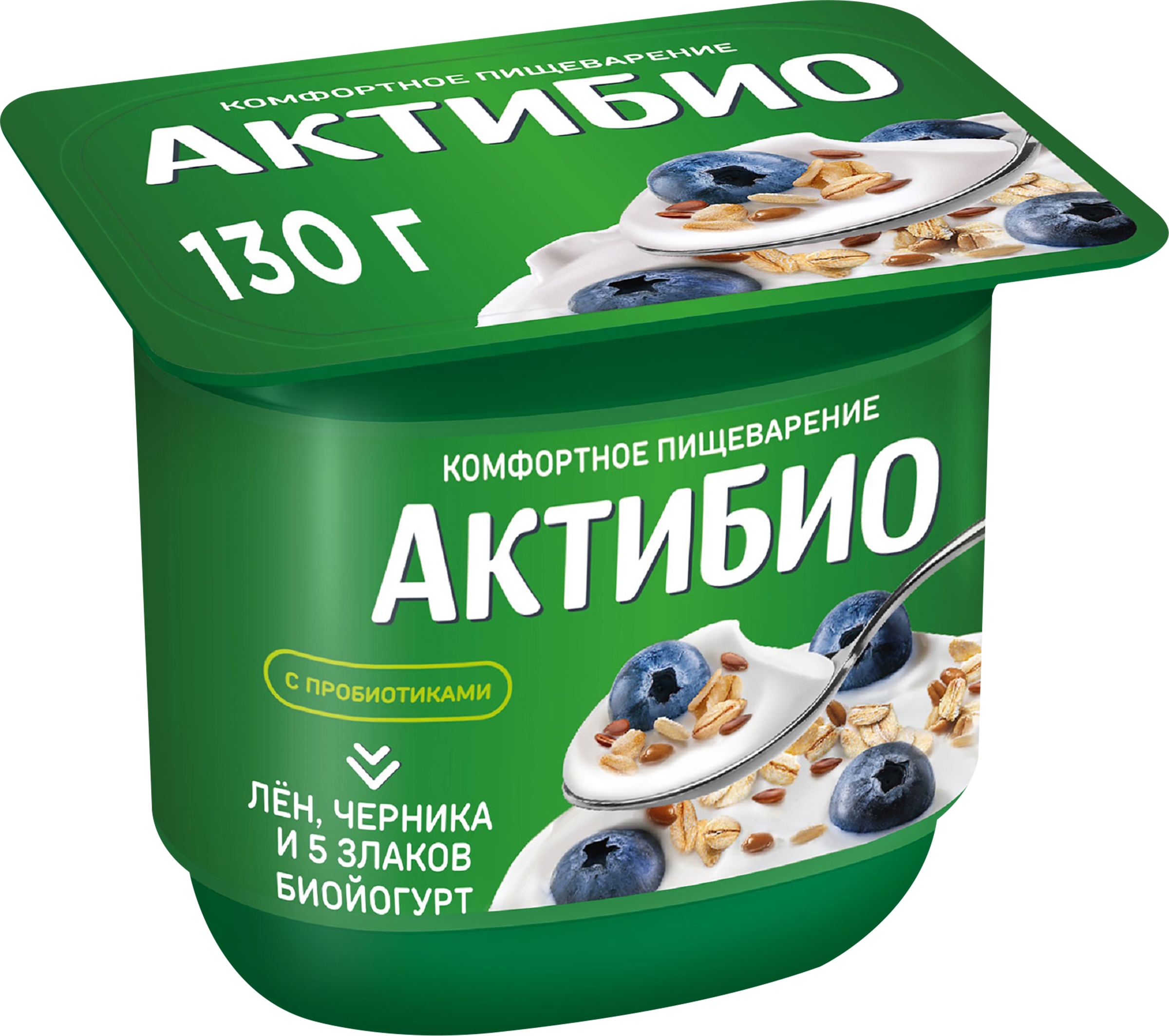 Изображение товара Биойогурт АКТИБИО Черника, 5 злаков, лен 3%, без змж, 130г