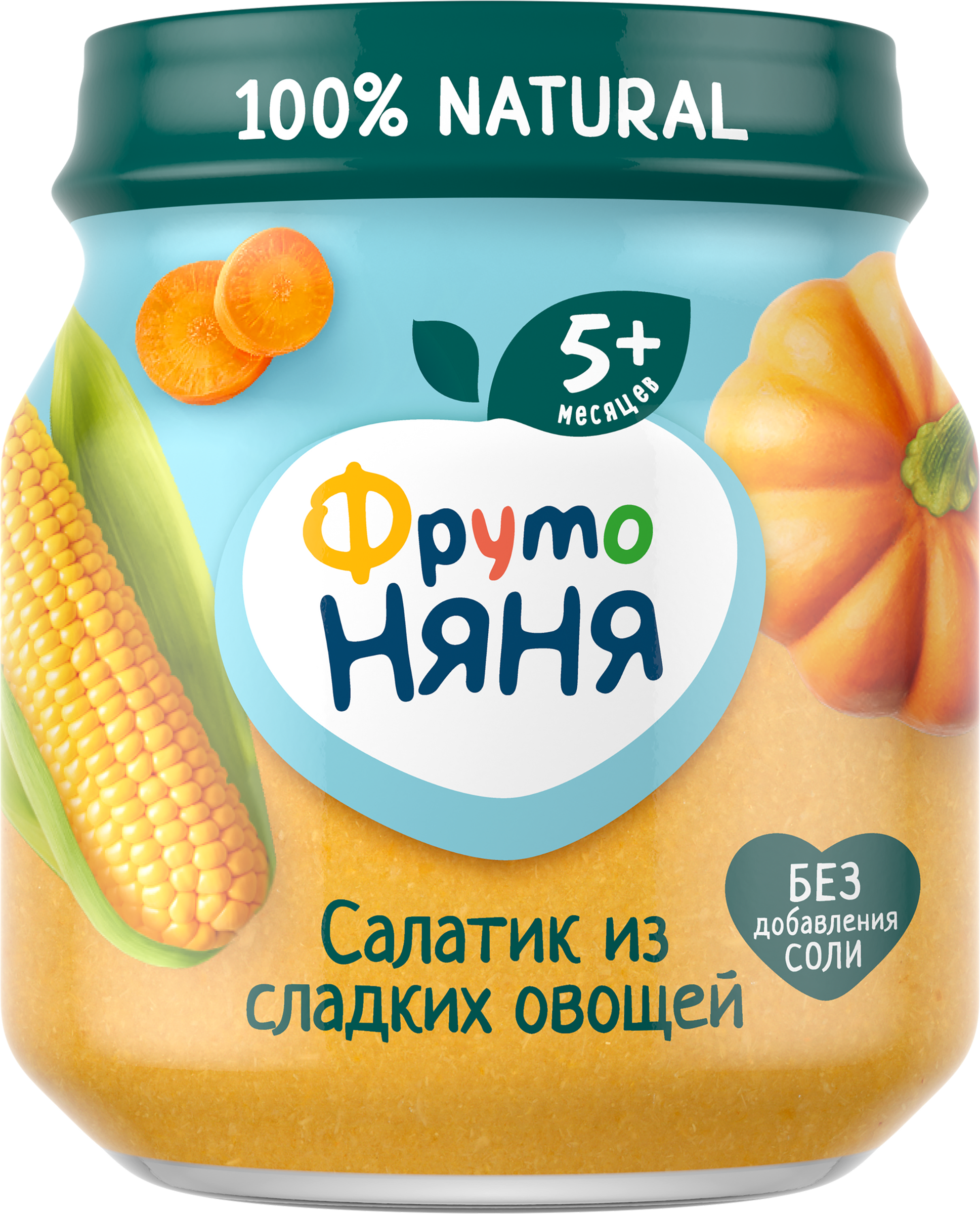 Изображение товара Пюре овощное ФРУТОНЯНЯ Салатик из сладких овощей, кукуруза, тыква и морковь, с 5 месяцев, 110г