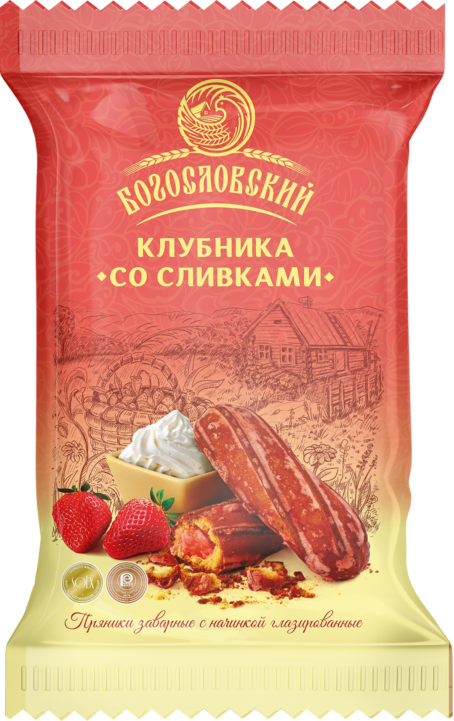 Изображение товара Пряники заварные БОГОСЛОВСКИЙ со вкусом клубники со сливками, 240г