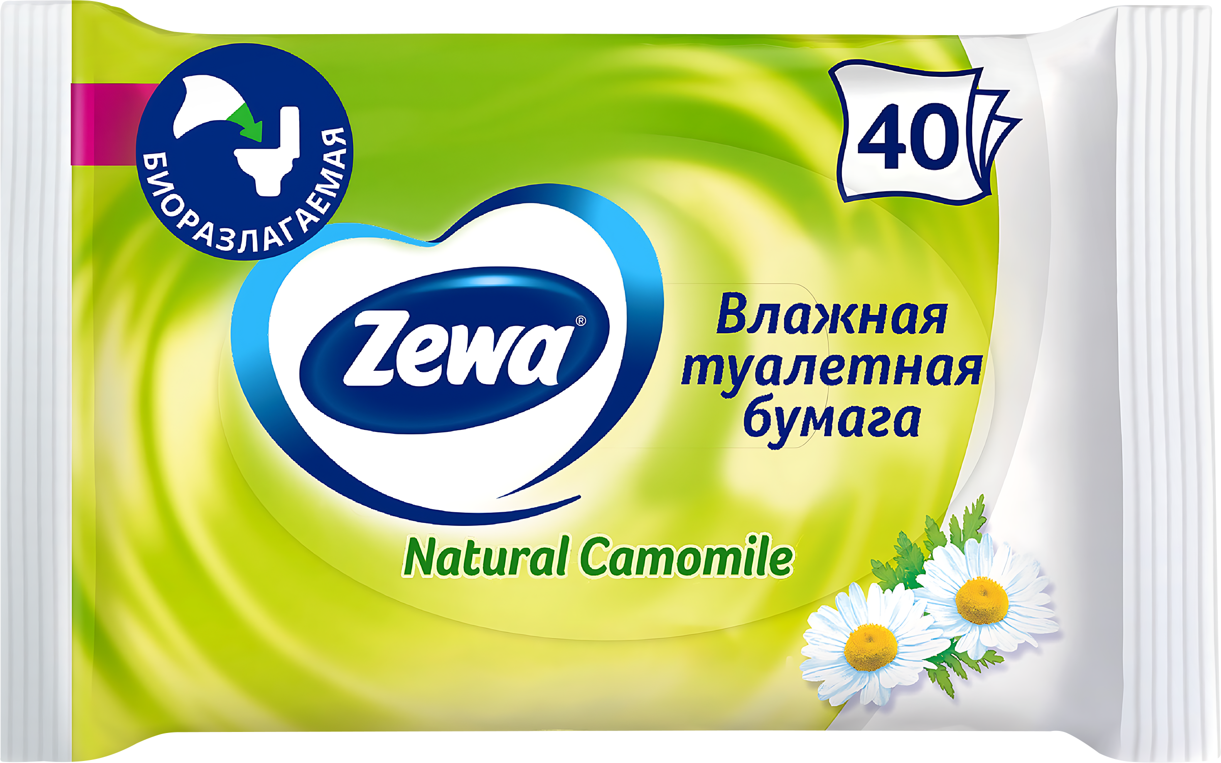 Изображение товара Влажная туалетная бумага ZEWA Ромашка, 40 шт, безопасная и мягкая для чувствительной кожи