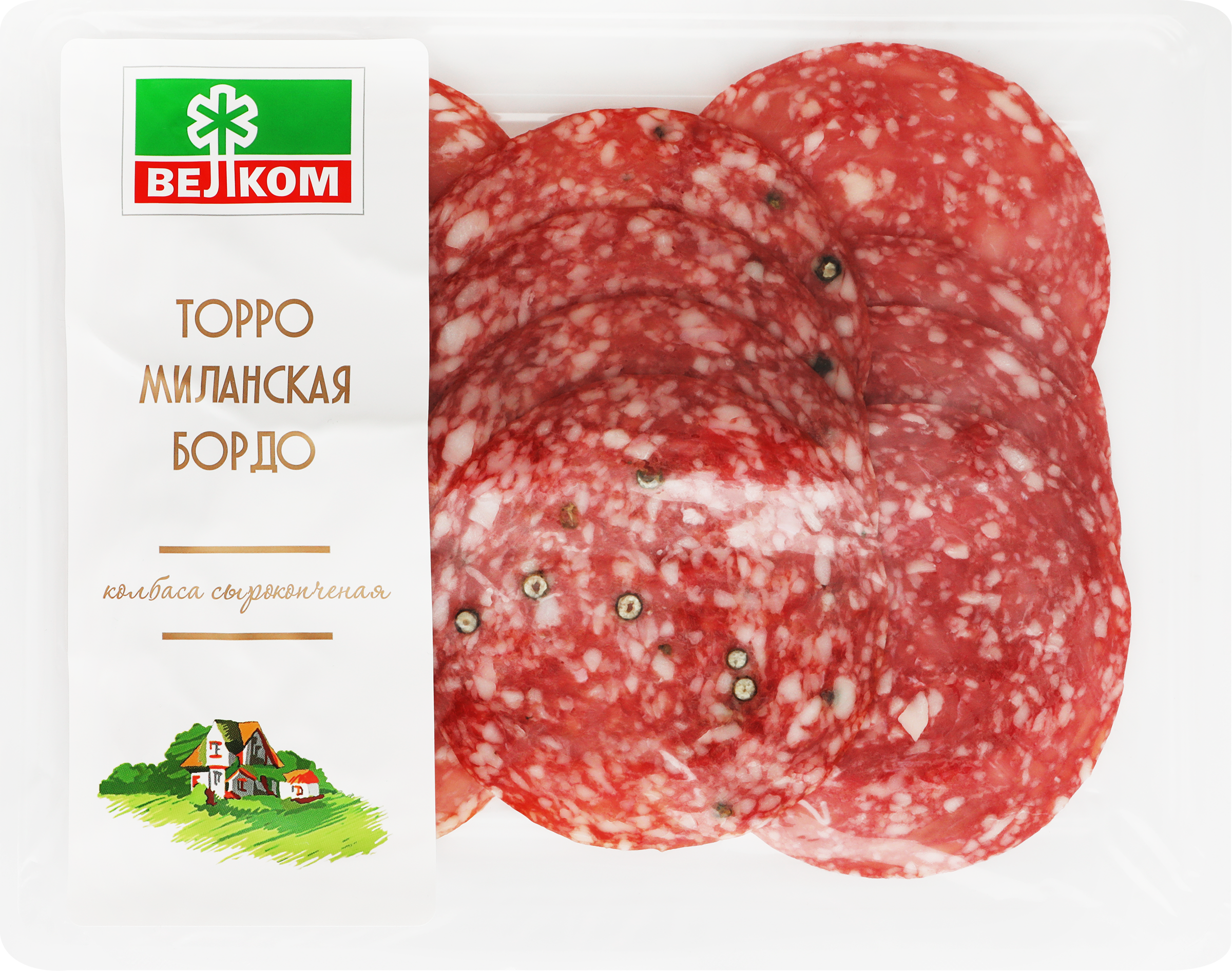 Изображение товара Колбаса сырокопченая ВЕЛКОМ Торро+Бордо+Милан, нарезка, 90г