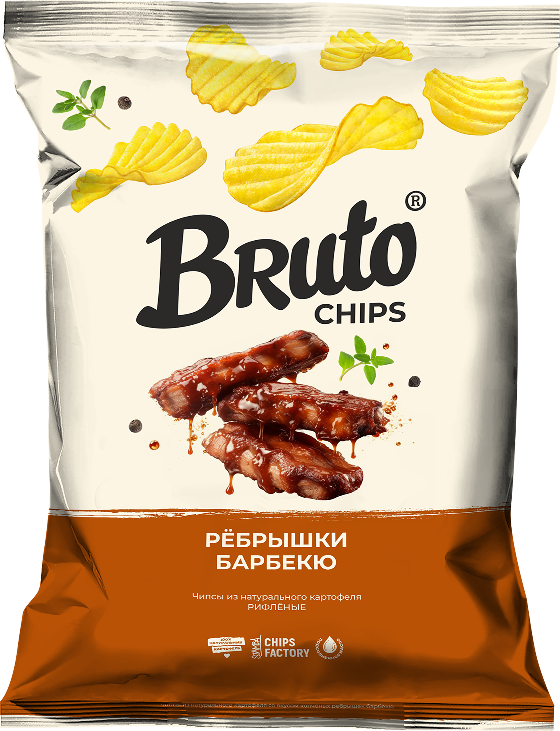 Изображение товара Чипсы картофельные BRUTO со вкусом копченых ребрышек барбекю, 120г