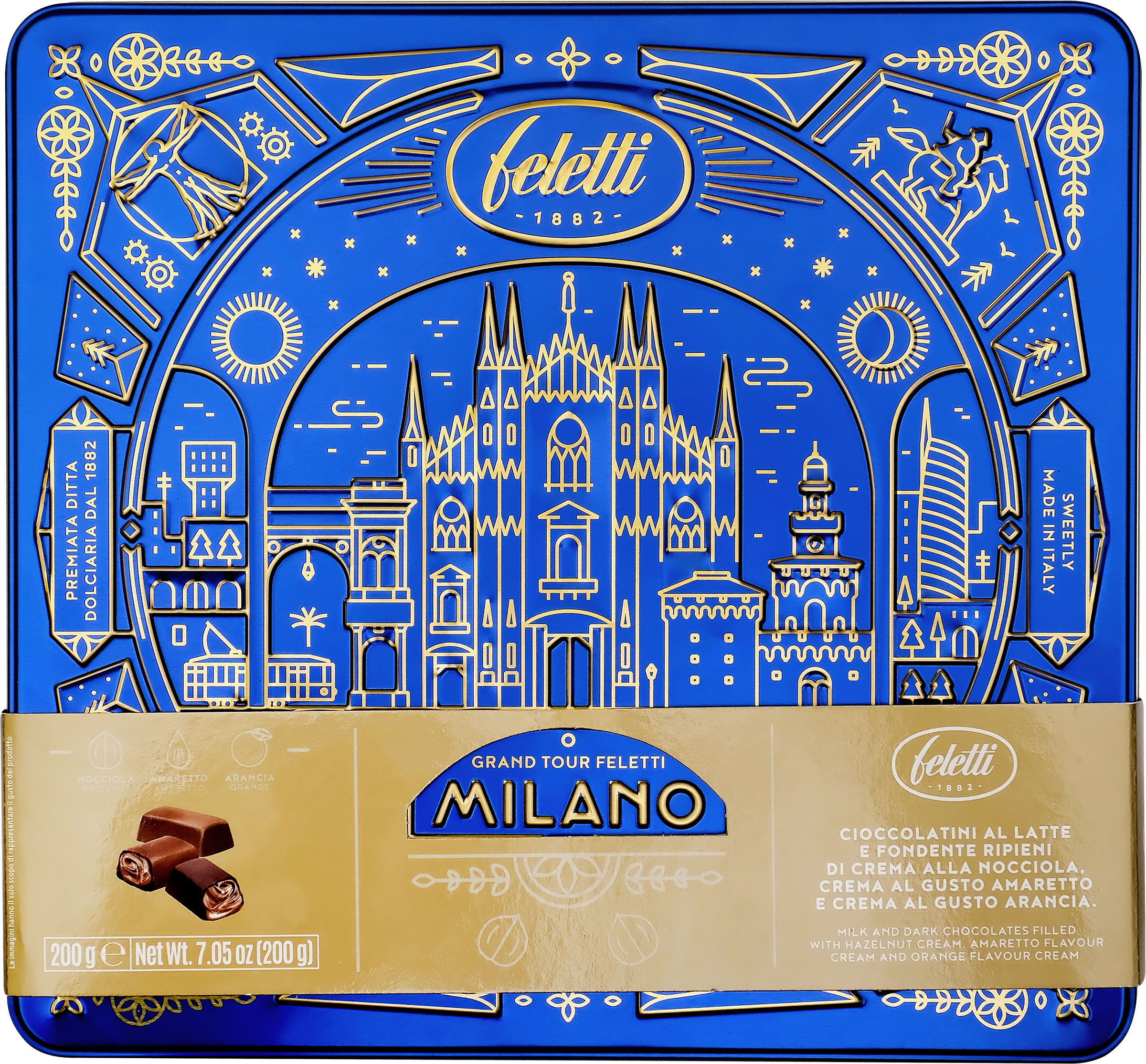 Изображение товара Конфеты FELETTI Grand Tour Milano ассорти из молочного/темного шоколада, с начинкой, 200г