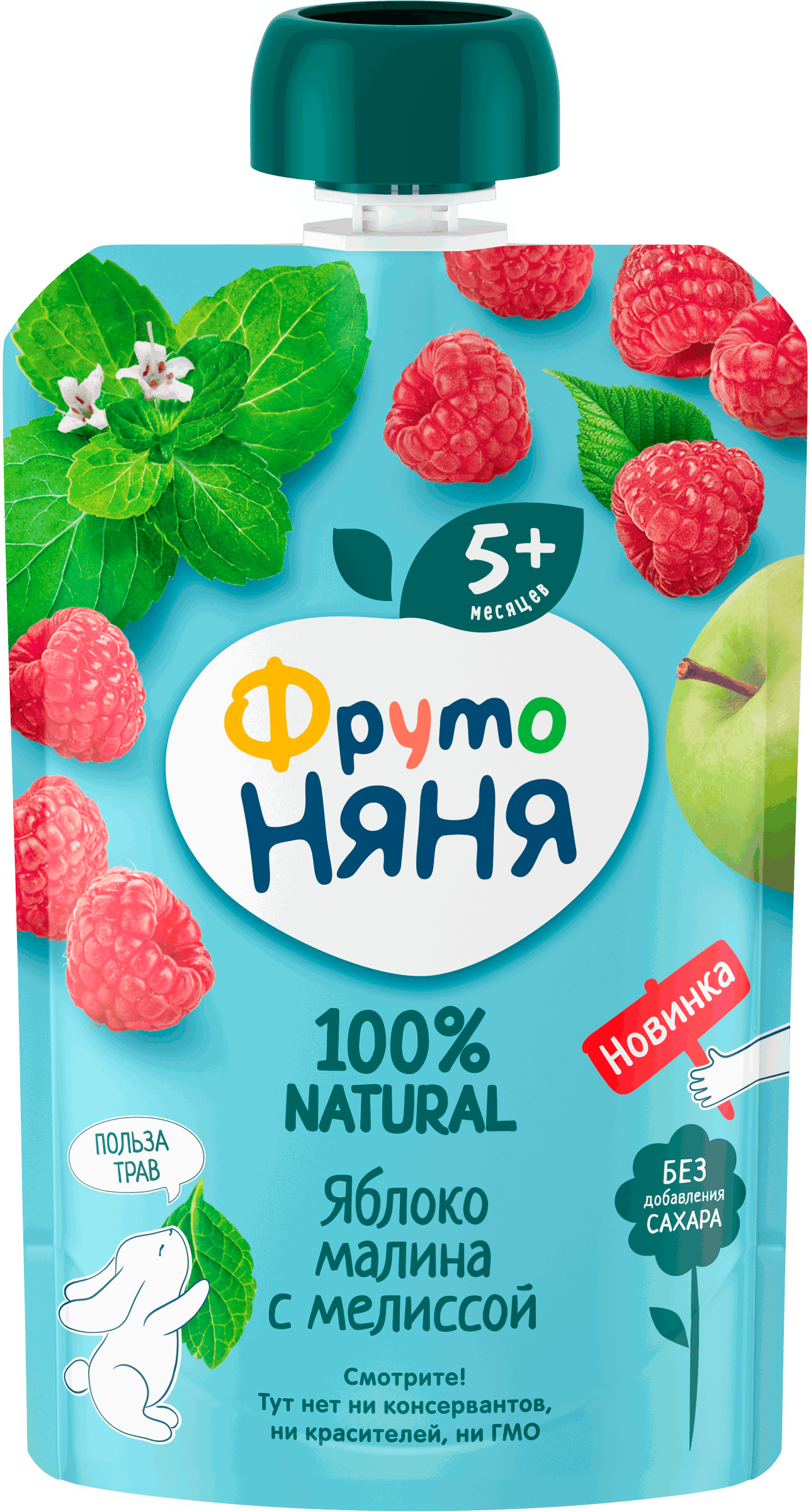 Изображение товара Пюре фруктово-ягодное ФРУТОНЯНЯ Яблоко и малина с мелиссой, с 5 месяцев, 90г