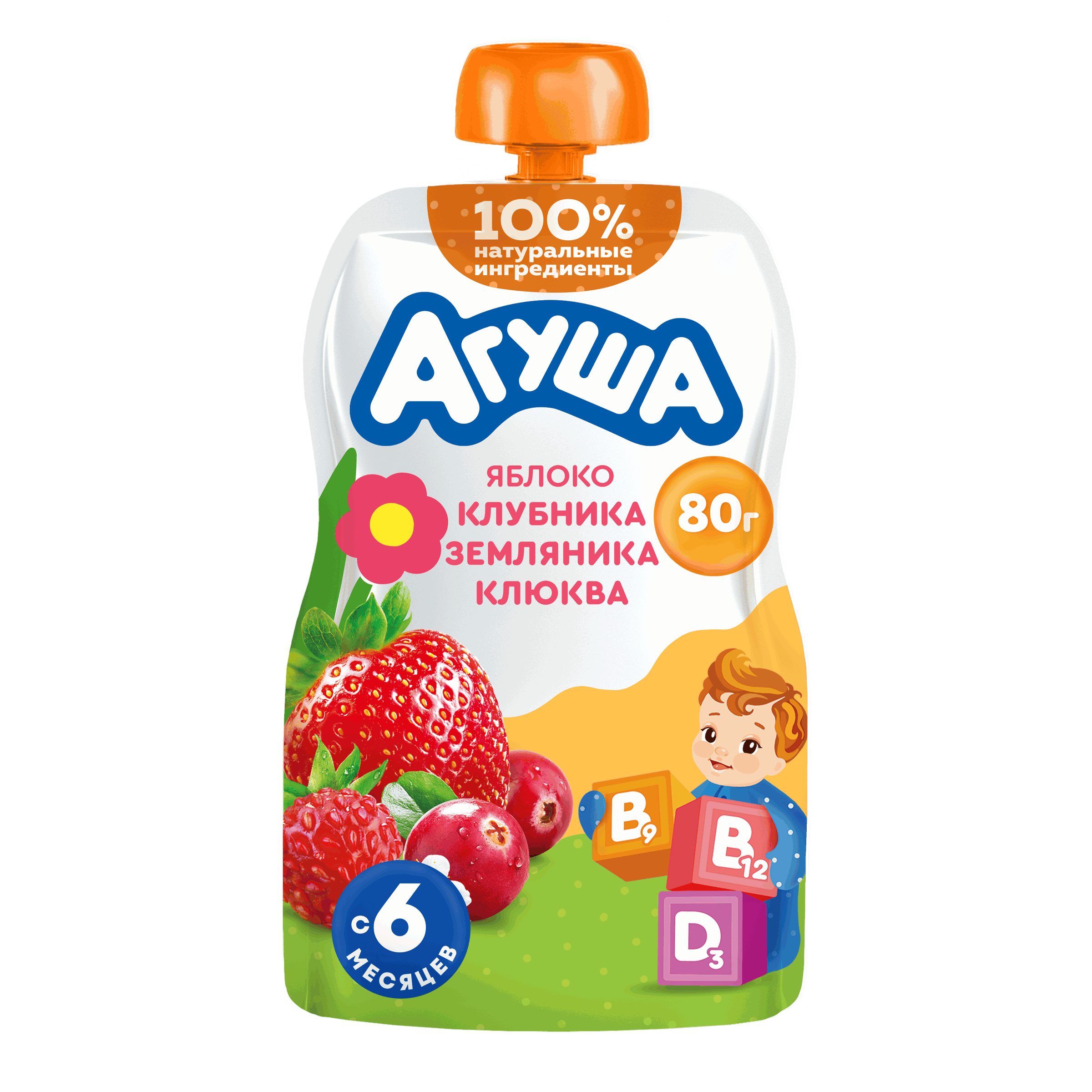 Изображение товара Пюре АГУША детское с яблоком и ягодами, 80г, с 6 месяцев