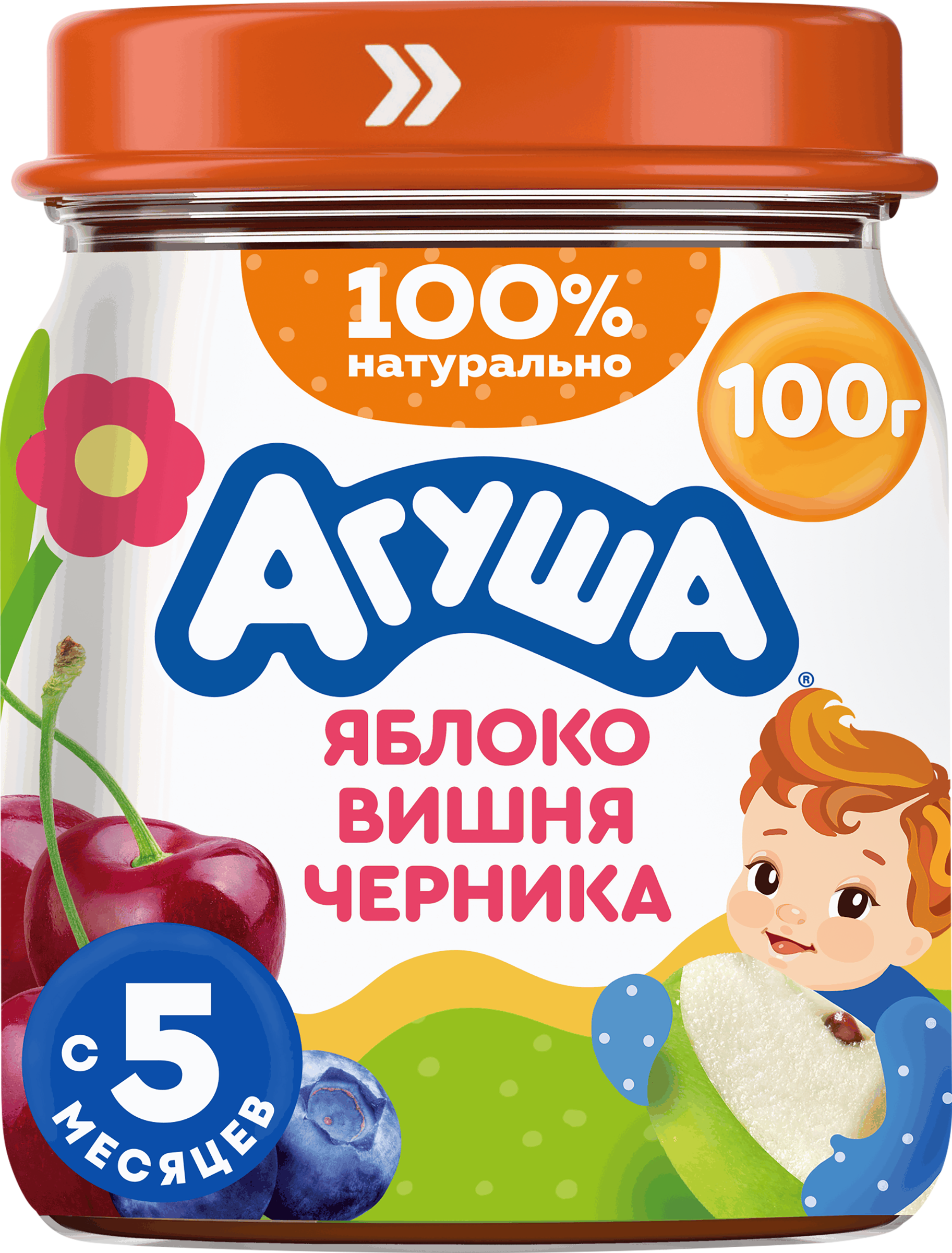 Изображение товара Пюре фруктово-ягодное детское АГУША Яблоко, вишня и черника, с 5 месяцев, 100г