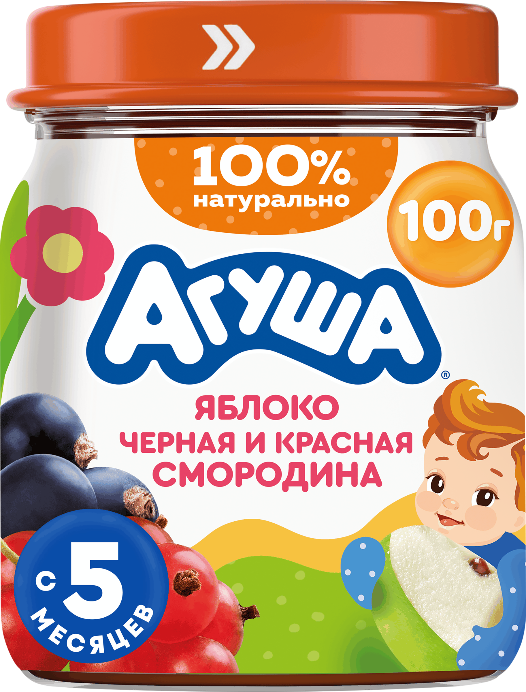 Изображение товара Пюре фруктово-ягодное АГУША Яблоко и смородина 100г для малышей с 5 месяцев
