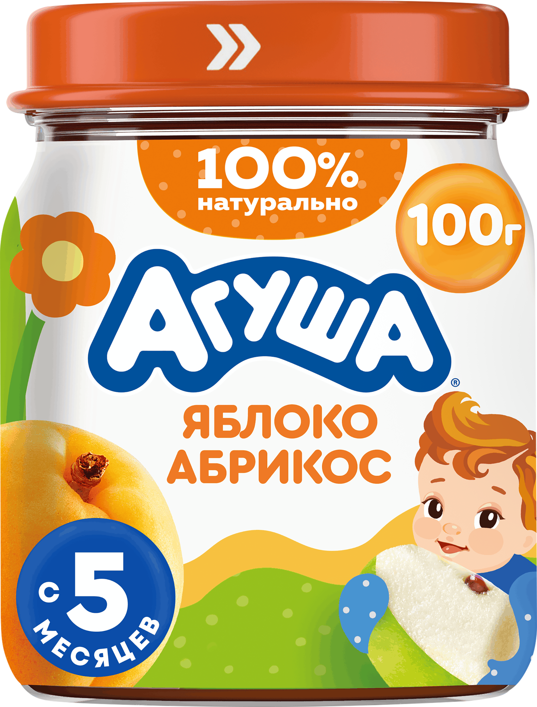 Изображение товара Пюре фруктовое детское АГУША Яблоко и абрикос, с 5 месяцев, 100г