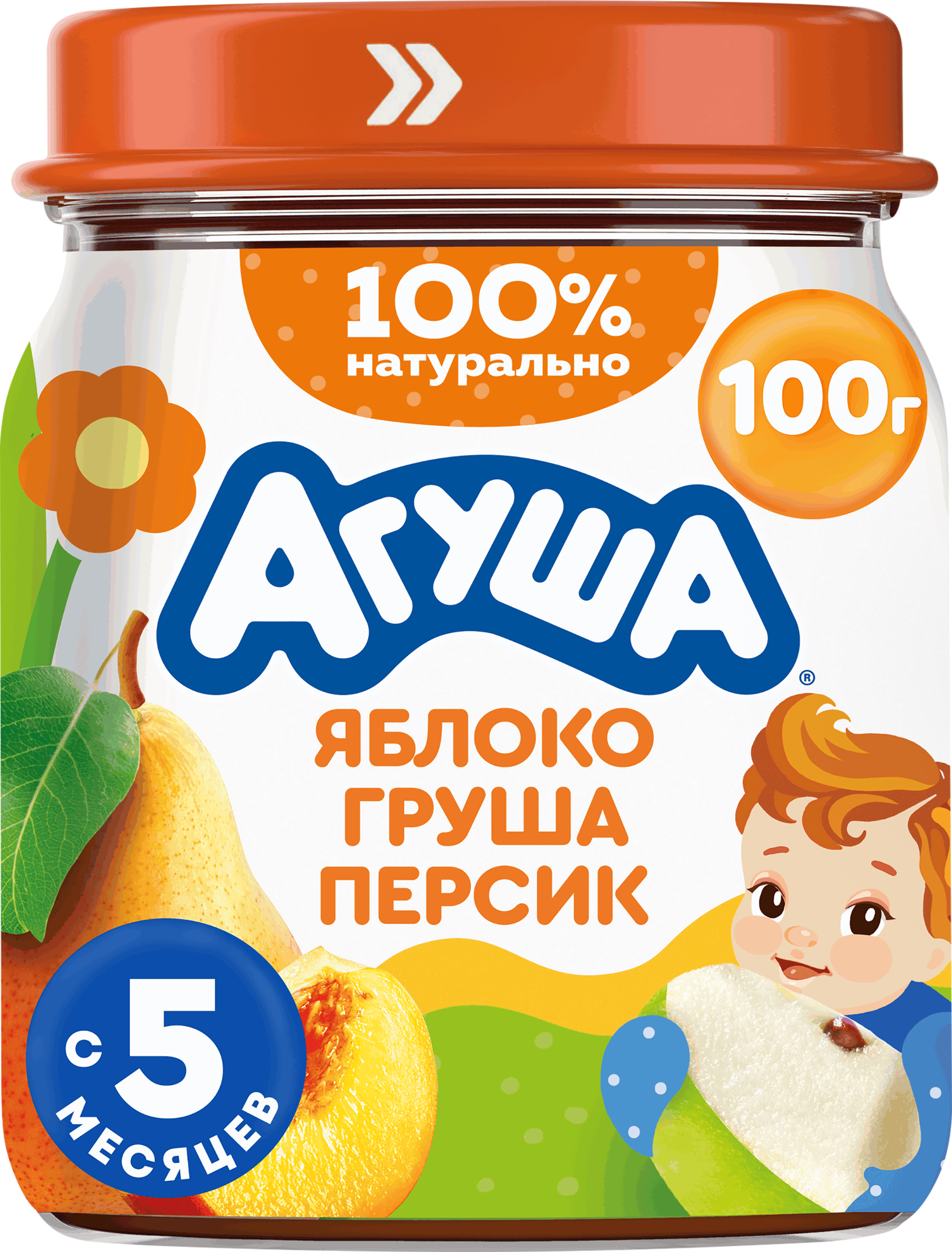 Изображение товара Пюре фруктовое детское АГУША Яблоко, груша и персик, с 5 месяцев, 100г