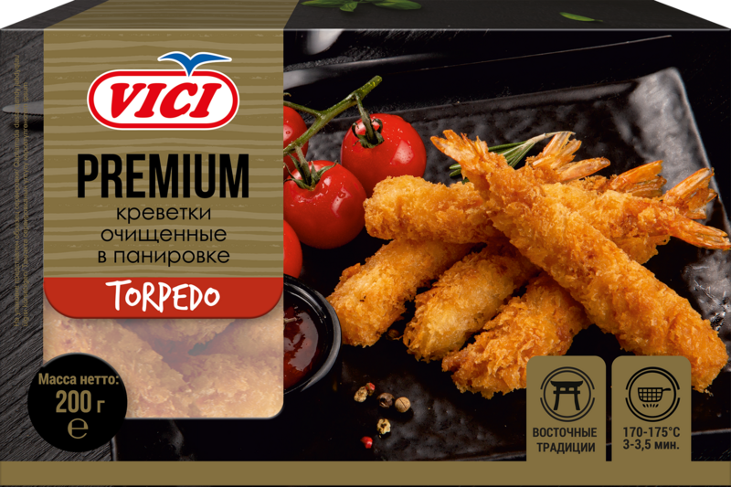 Изображение товара Креветки замороженные VICI Torpedo, очищенные с хвостиком в панировке, 200г