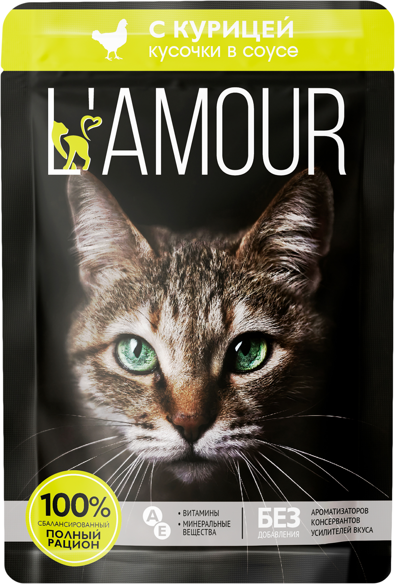 Изображение товара Корм консервированный для кошек L’AMOUR с курицей в соусе, 75г