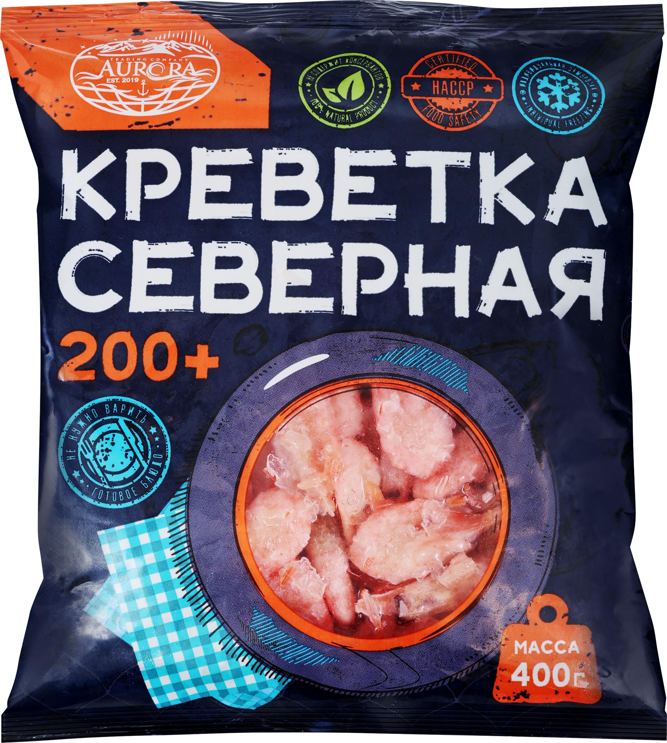 Изображение товара Креветки северные варено-мороженые AURORA неразделанные 200+, 400г