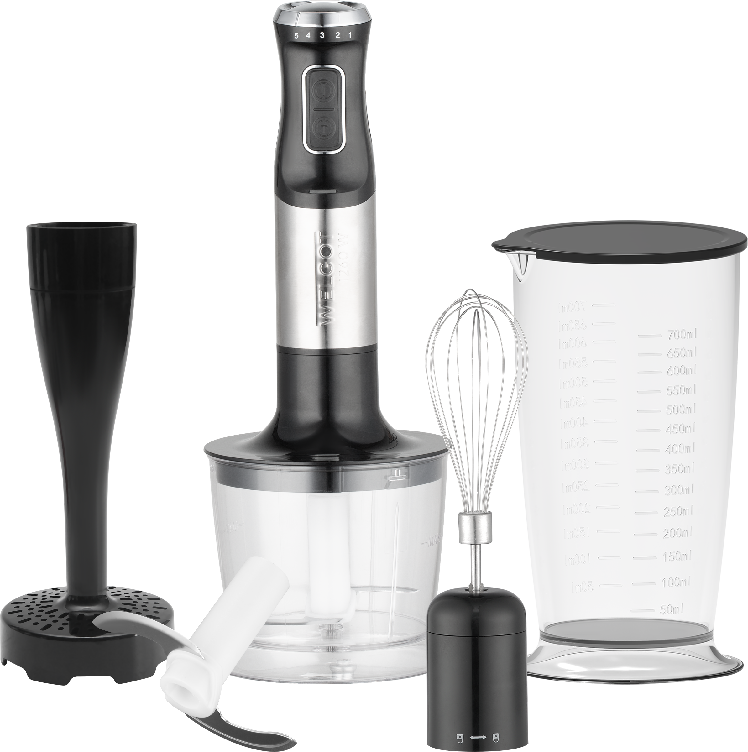 Изображение товара Погружной блендер WELGOT 4в1 1200Вт с насадками и автоматическим отключением