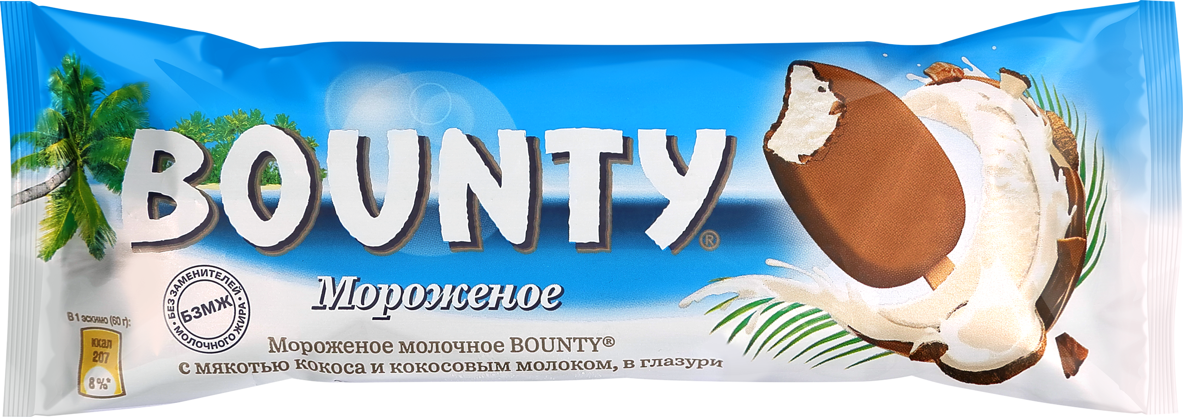 Изображение товара Мороженое молочное BOUNTY Молочное, с мякотью кокоса и кокосовым молоком  в глазури 6%, без змж, эскимо, 60г
