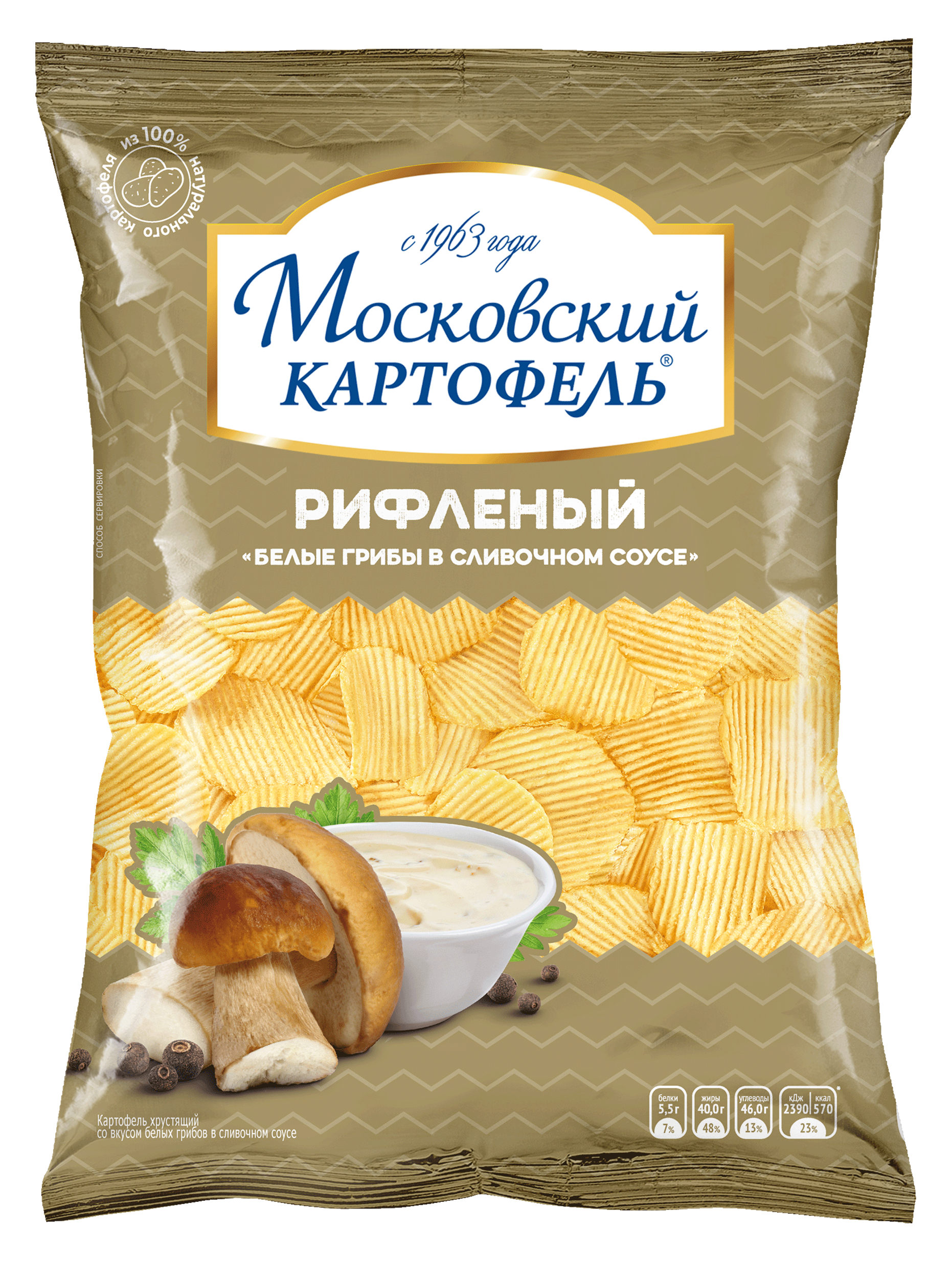 Изображение товара Чипсы картофельные МОСКОВСКИЙ КАРТОФЕЛЬ Хрустящие рифленые со вкусом белые грибы в сливочном соусе, 120г