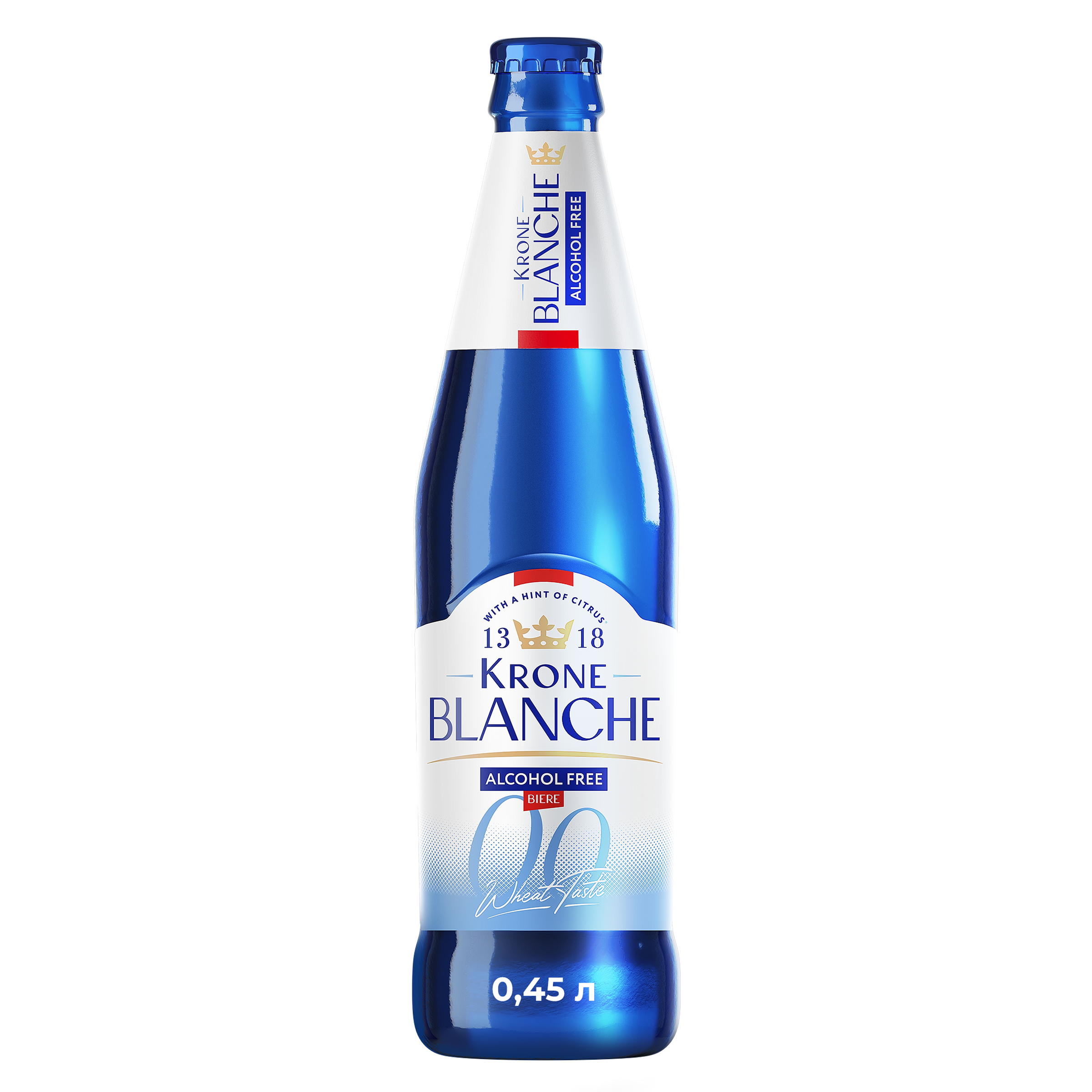 Изображение товара Напиток пивной безалкогольный KRONE BLANCHE BIERE Alcohol Free пастеризованный 0,5%, 0.45л