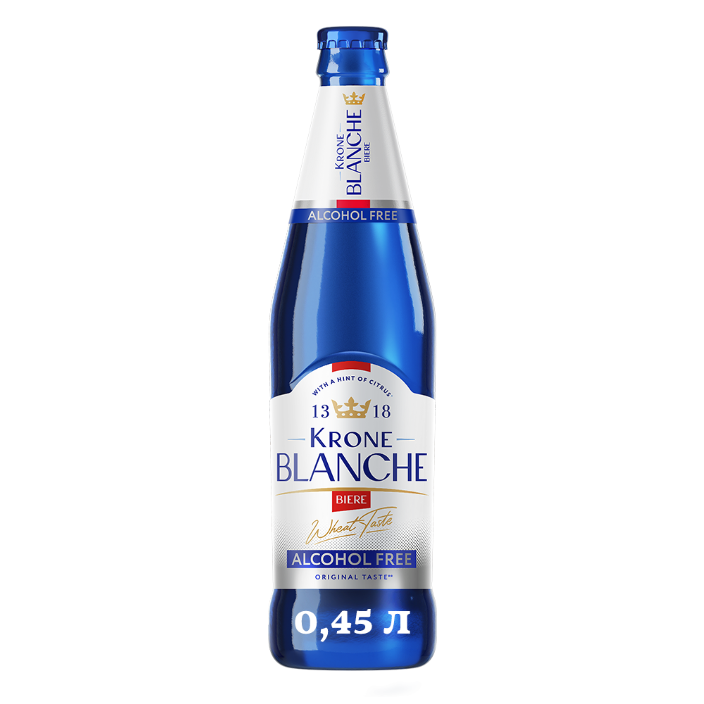 Изображение товара Напиток пивной безалкогольный KRONE BLANCHE BIERE Alcohol Free пастеризованный 0,5%, 0.45л