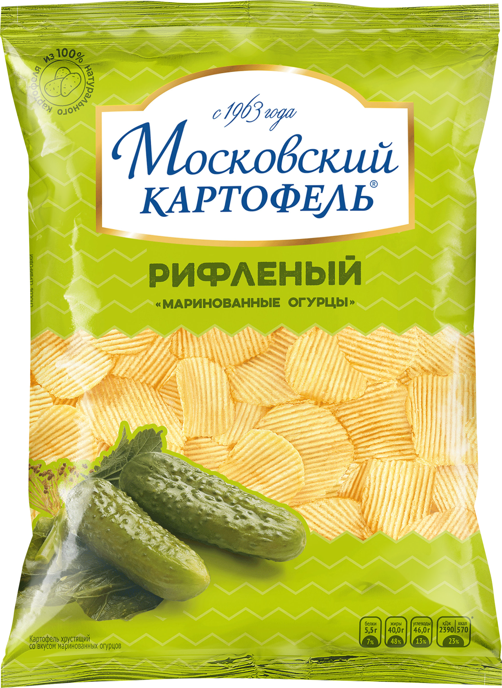Изображение товара Чипсы картофельные МОСКОВСКИЙ КАРТОФЕЛЬ рифленые со вкусом маринованных огурцов, 120г