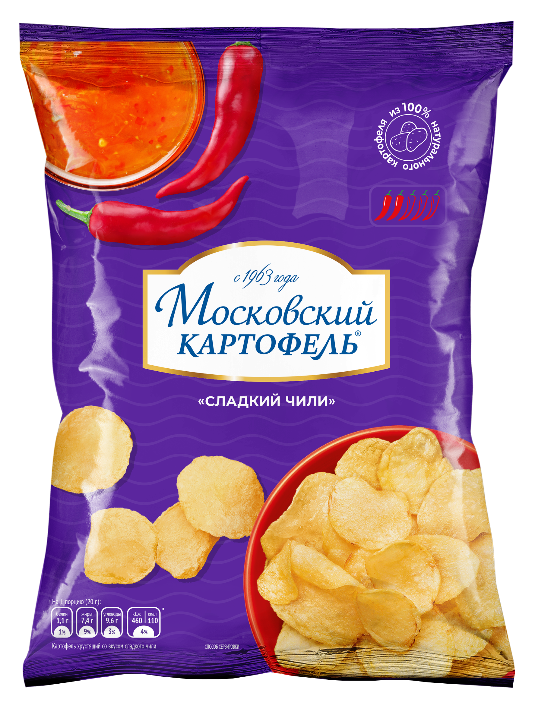 Изображение товара Картофельные чипсы МОСКОВСКИЙ КАРТОФЕЛЬ со вкусом сладкого чили 120г