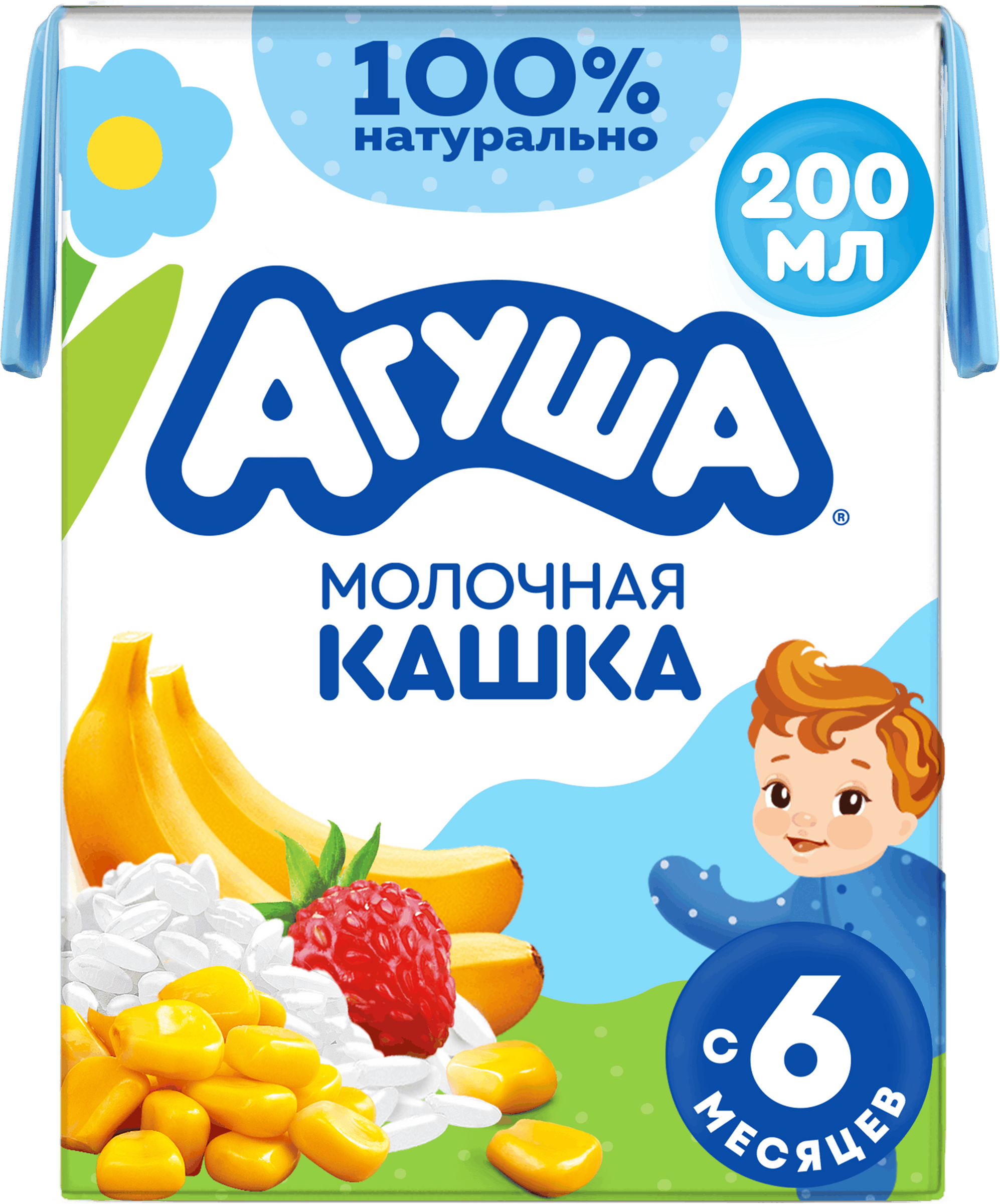 Изображение товара Каша рисово-кукурузная детская АГУША Вставай-ка молочная 2%, с бананом и земляникой, с 6 месяцев, 200мл