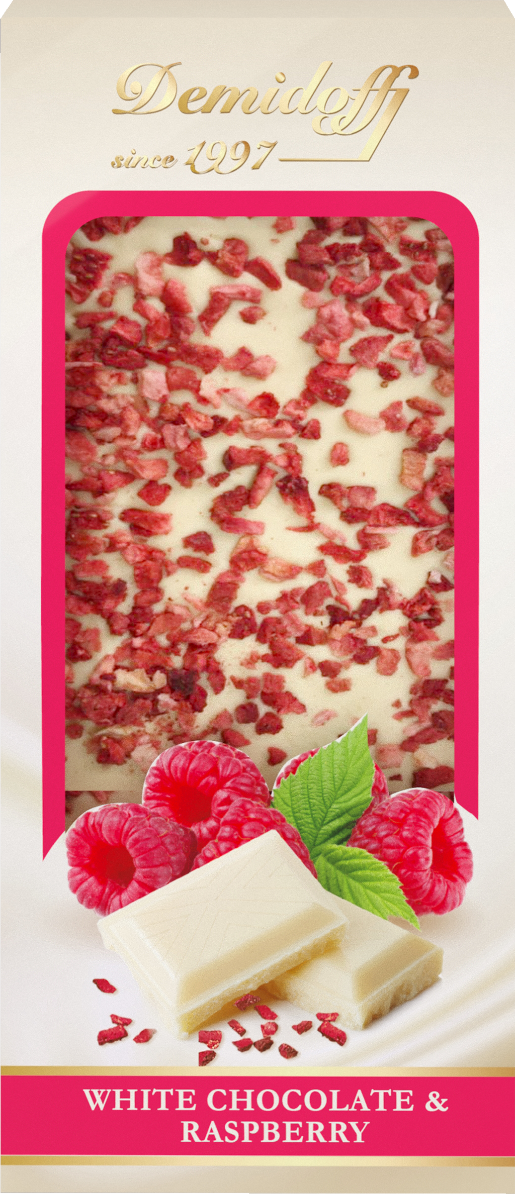 Изображение товара Шоколад белый DEMIDOFF с кусочками сушеной малины, 80г