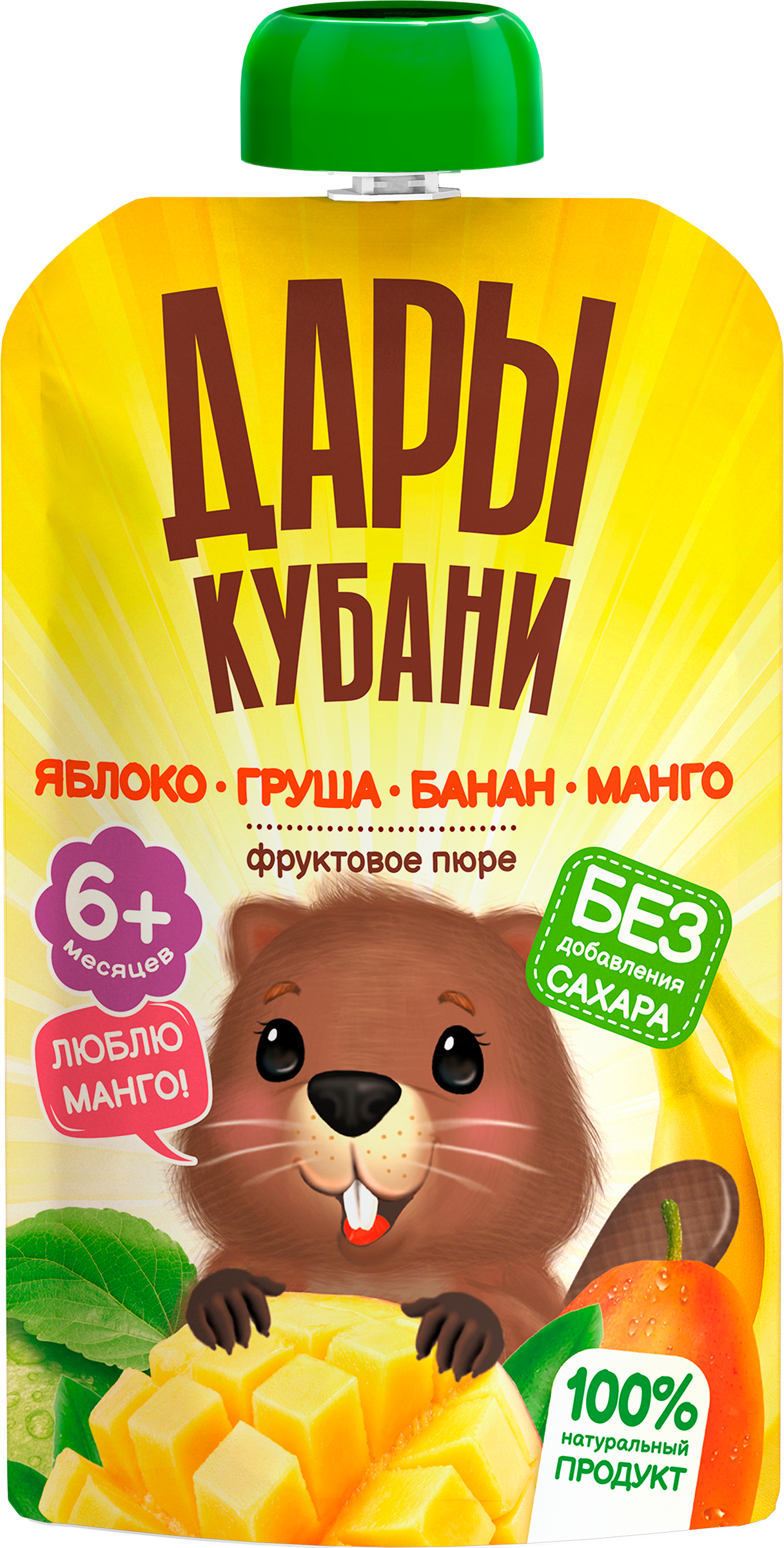 Изображение товара Пюре фруктовое ДАРЫ КУБАНИ Яблоко, груша, банан и манго, с 6 месяцев, 90г