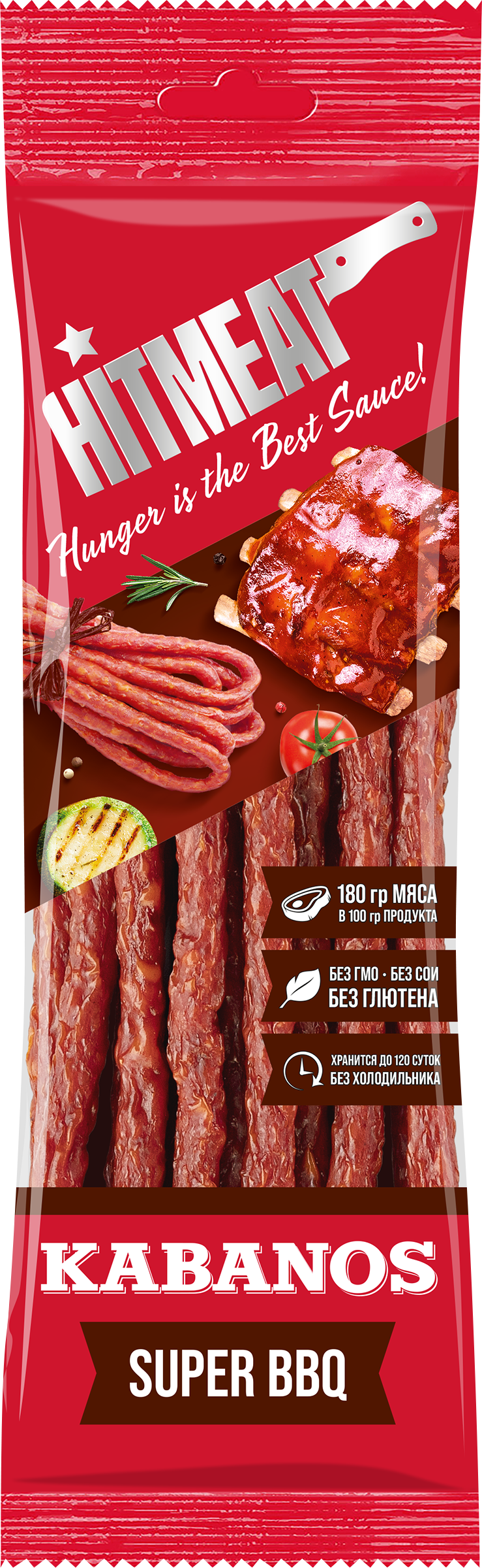 Изображение товара Сырокопченые снеки HITMEAT Kabanos Super BBQ 80г - вкусные колбаски для любителей пикантных закусок