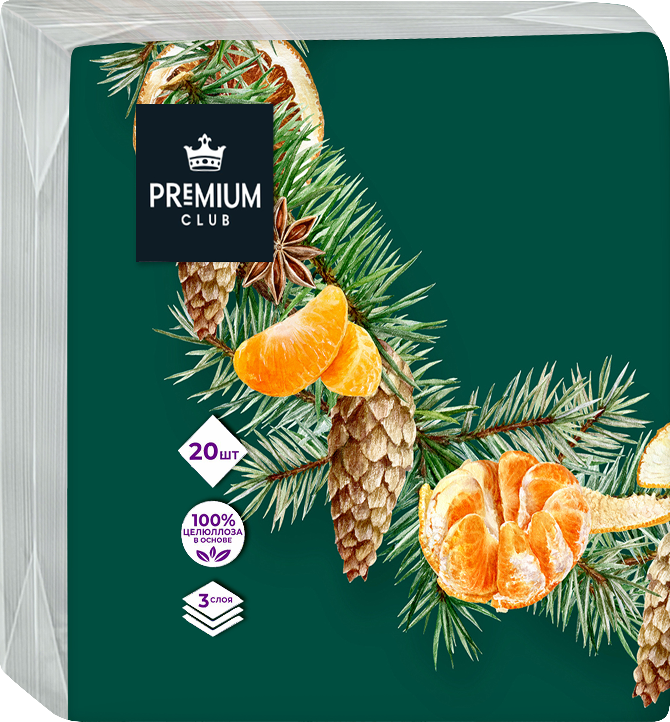 Изображение товара Бумажные салфетки PREMIUM CLUB Новогодний 3-слоя, 20 шт, мягкие и впитывающие