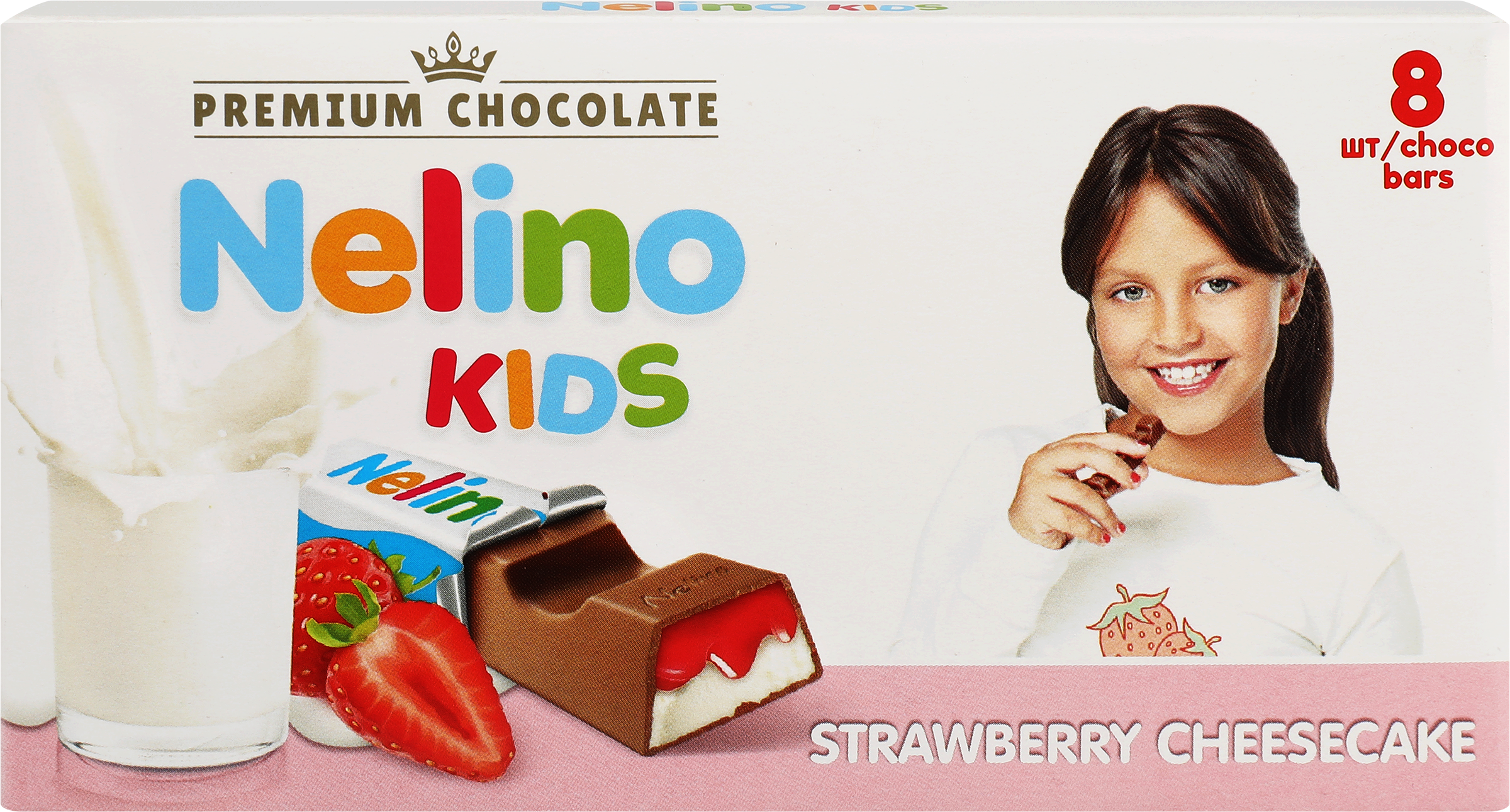 Изображение товара Шоколад молочный NELINO Kids с начинкой со вкусом чизкейка и клубничной начинкой, 100г