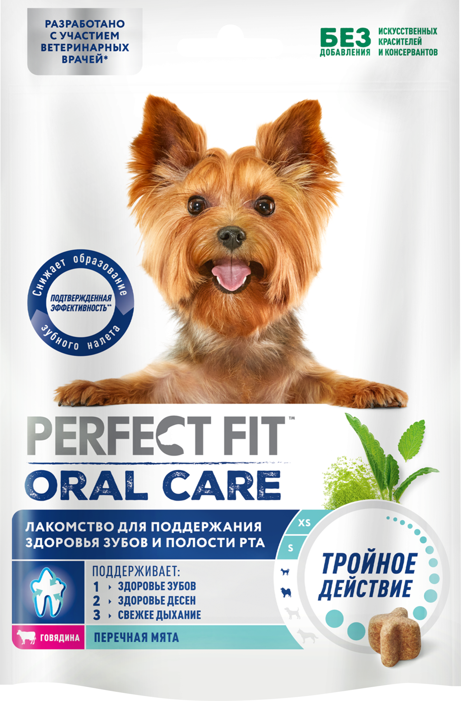 Изображение товара Лакомство для собак PERFECT FIT Oral Care Для поддержания здоровья зубов и полости рта, с говядиной и добавлением мяты, для мелких и мини пород, 90г
