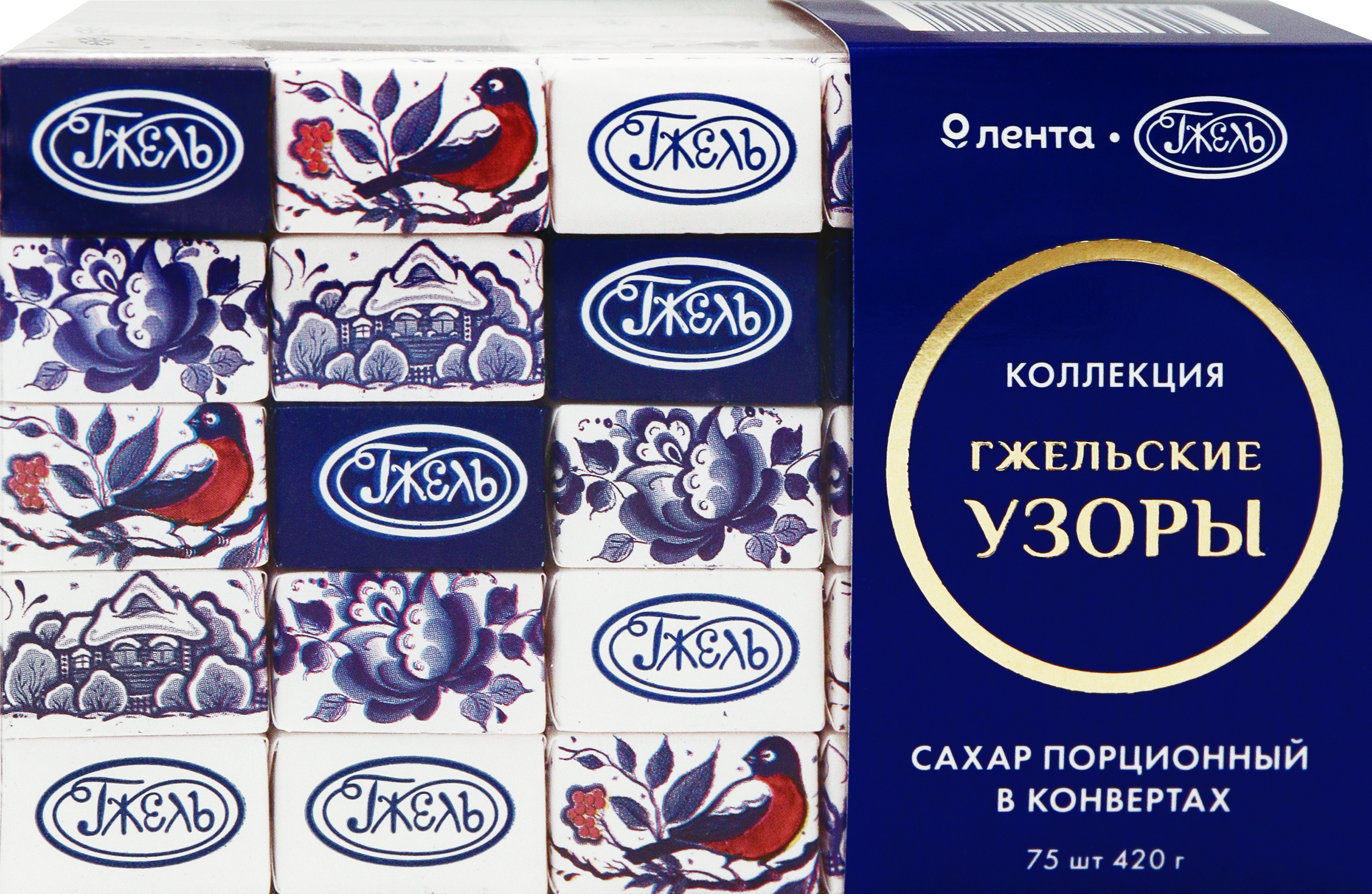 Изображение товара Сахар порционный ЛЕНТА Русские узоры Гжель в конвертах 75х5,6г Для напитков и десертов