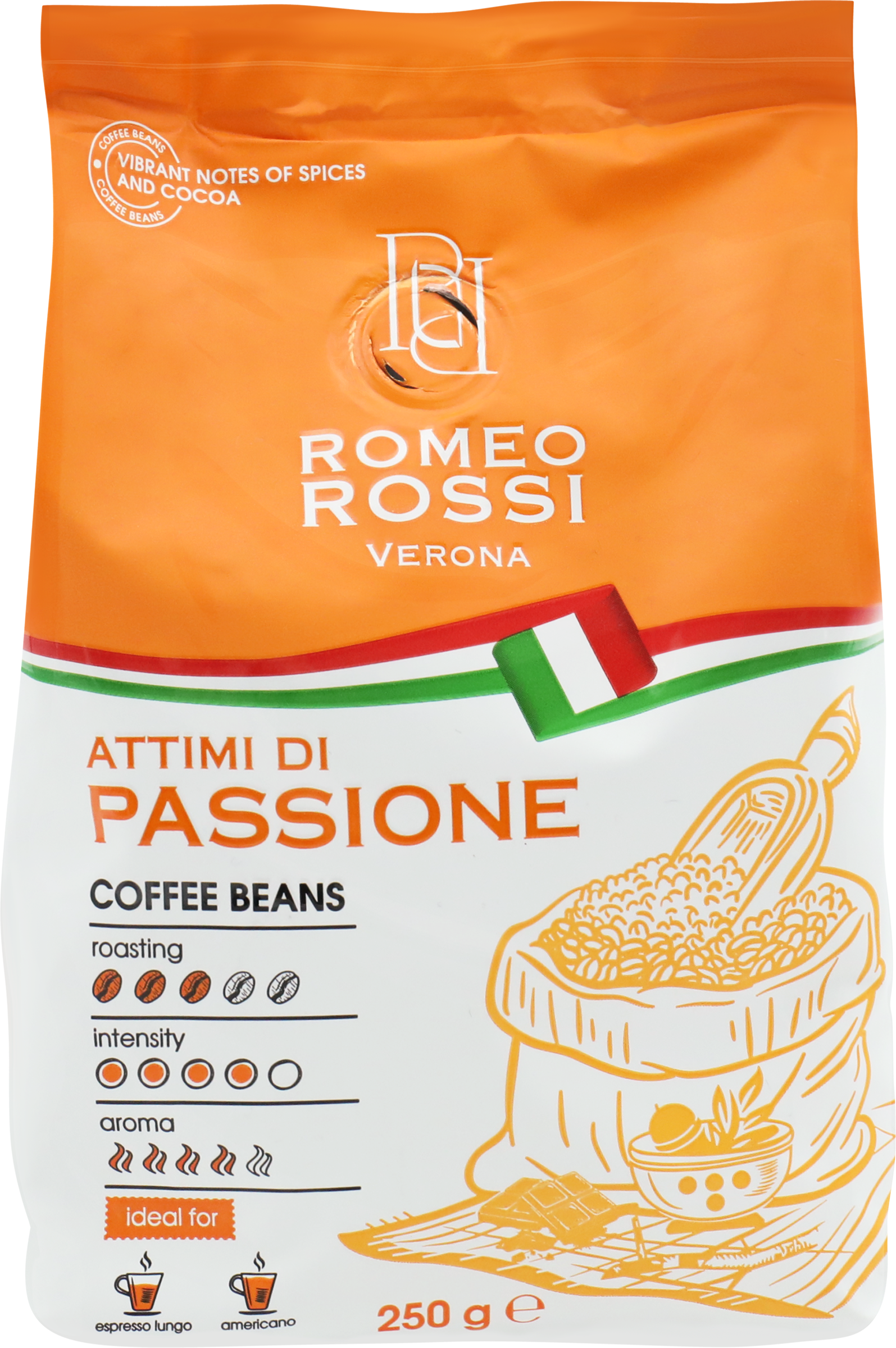 Изображение товара Кофе зерновой ROMEO ROSSI Attimi Di Passione натуральный жареный с кофеином, 250г