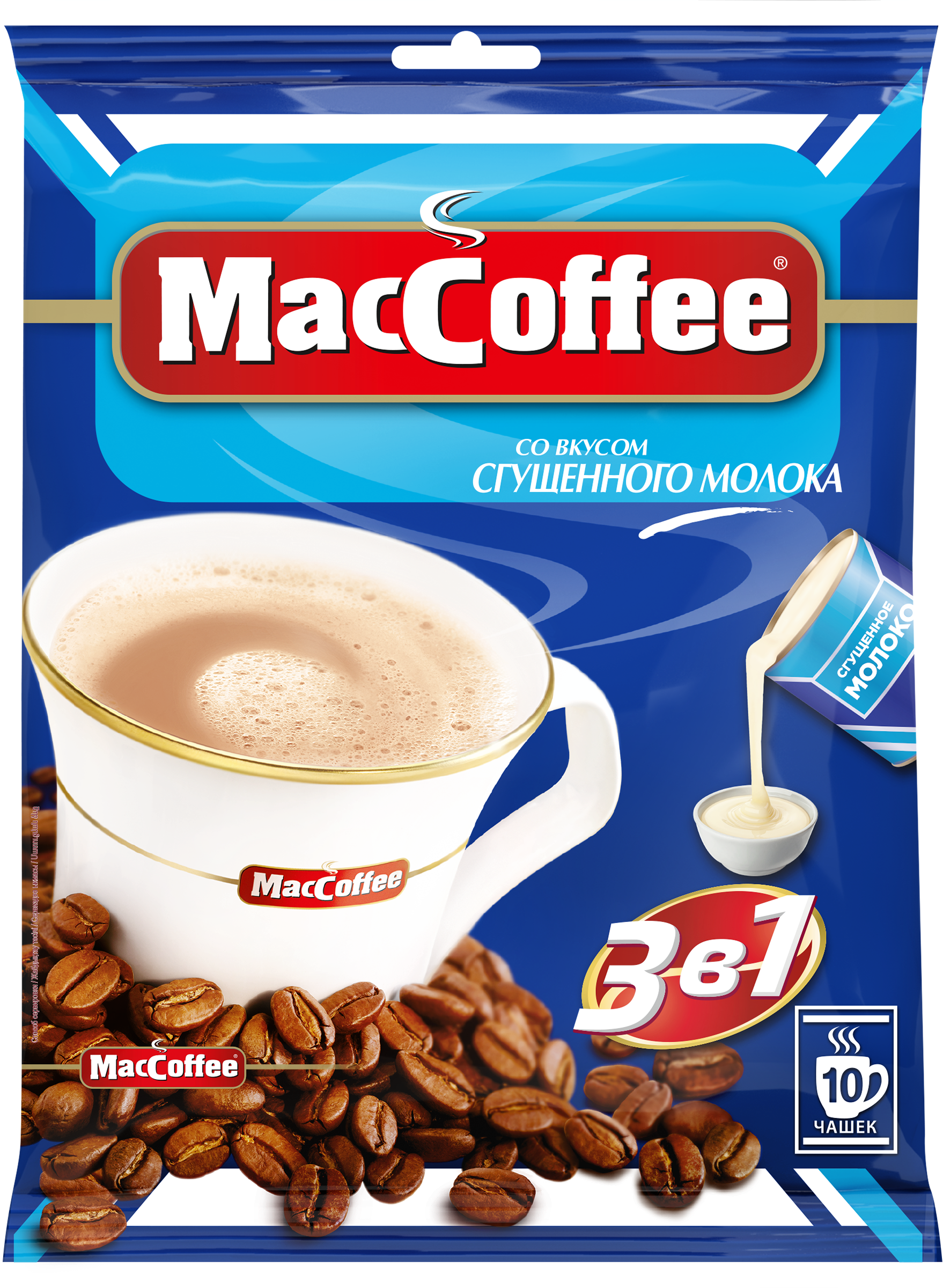 Изображение товара Напиток кофейный растворимый MACCOFFEE 3в1 со вкусом сгущенного молока, 200г